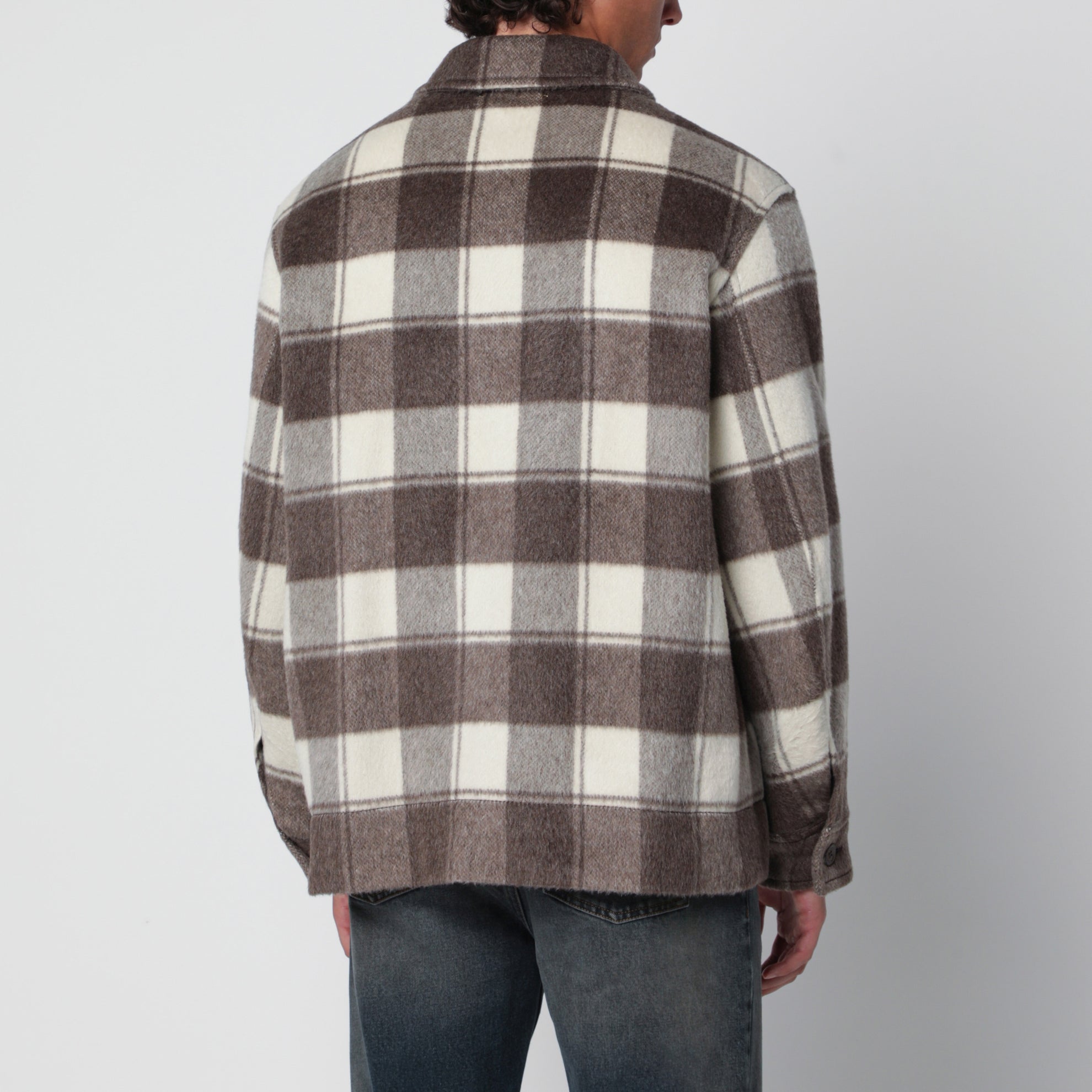 Hemdjacke mit taupefarbenem/cremefarbenem Karomuster aus Mohairmischung