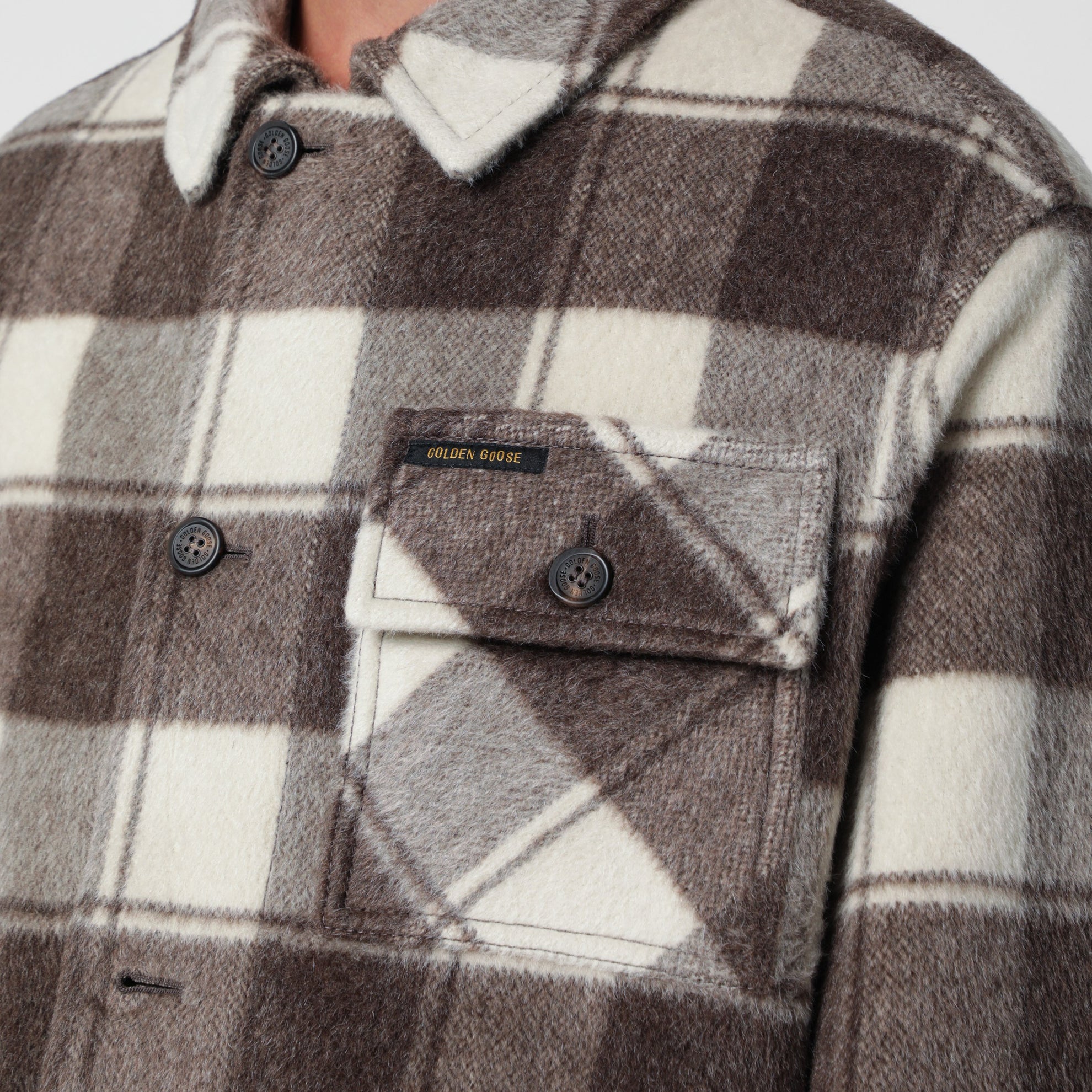 Hemdjacke mit taupefarbenem/cremefarbenem Karomuster aus Mohairmischung