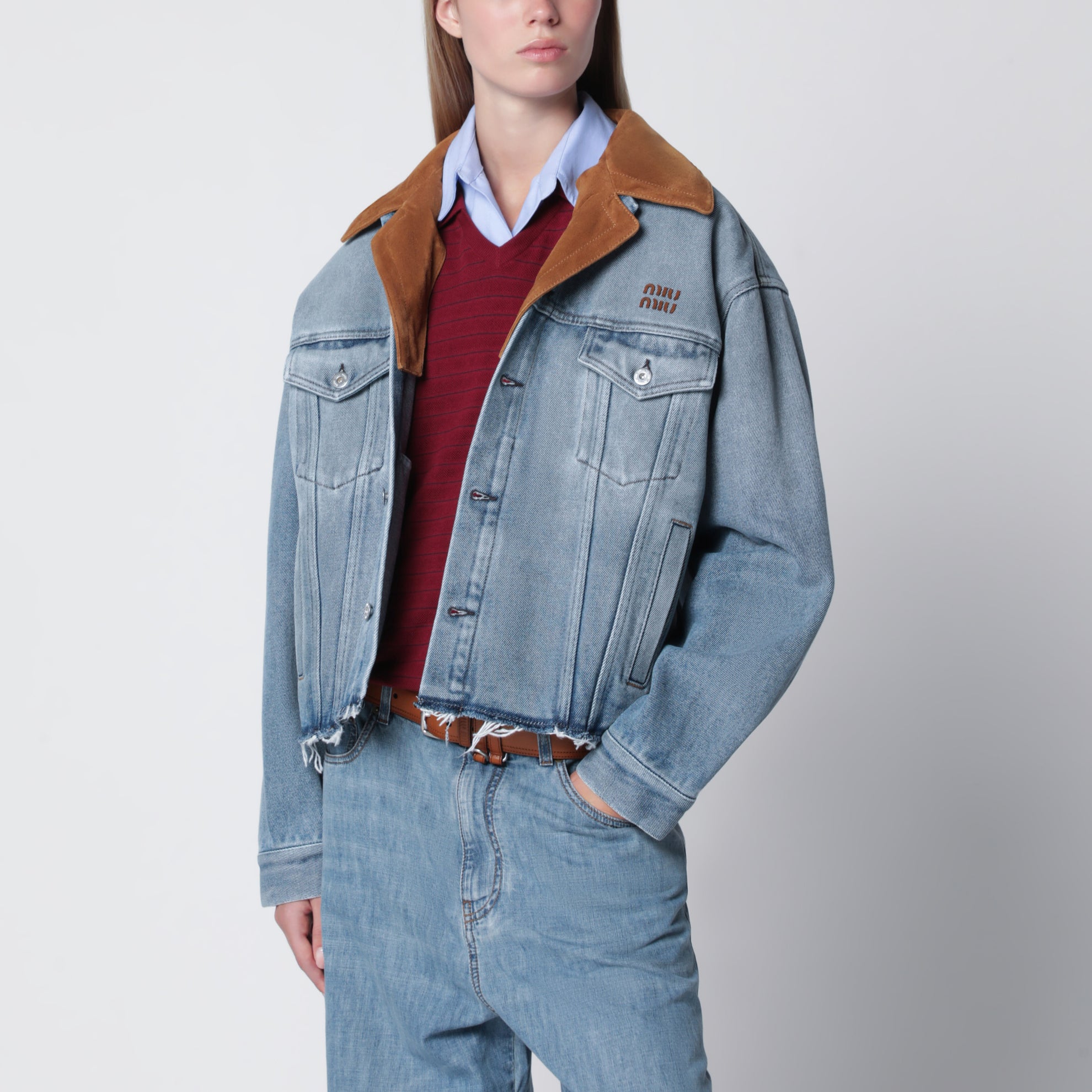 Blouson in denim washed con colletto scamosciato