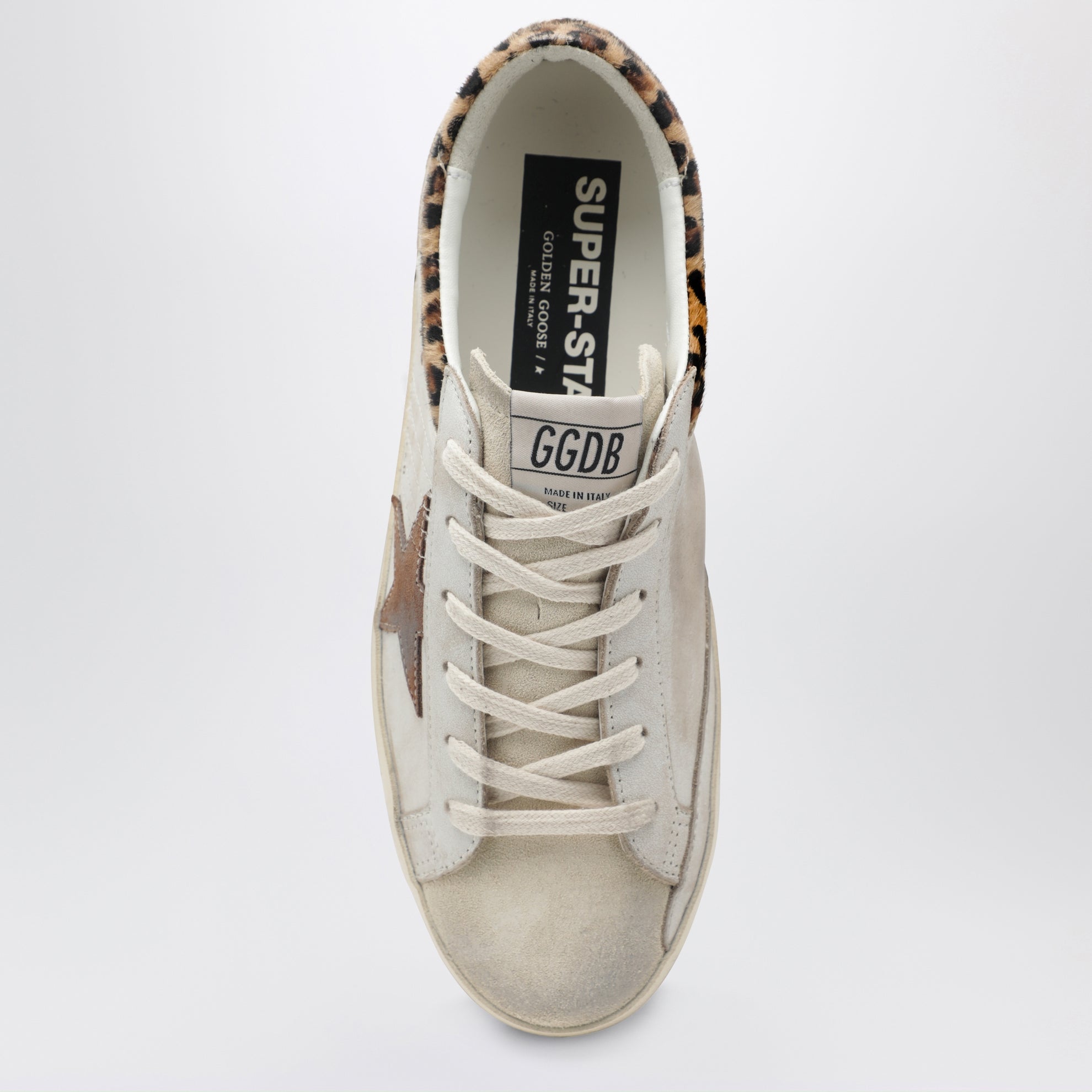 Weiße und beige Super-Star-Sneaker mit Ponyfell-Details
