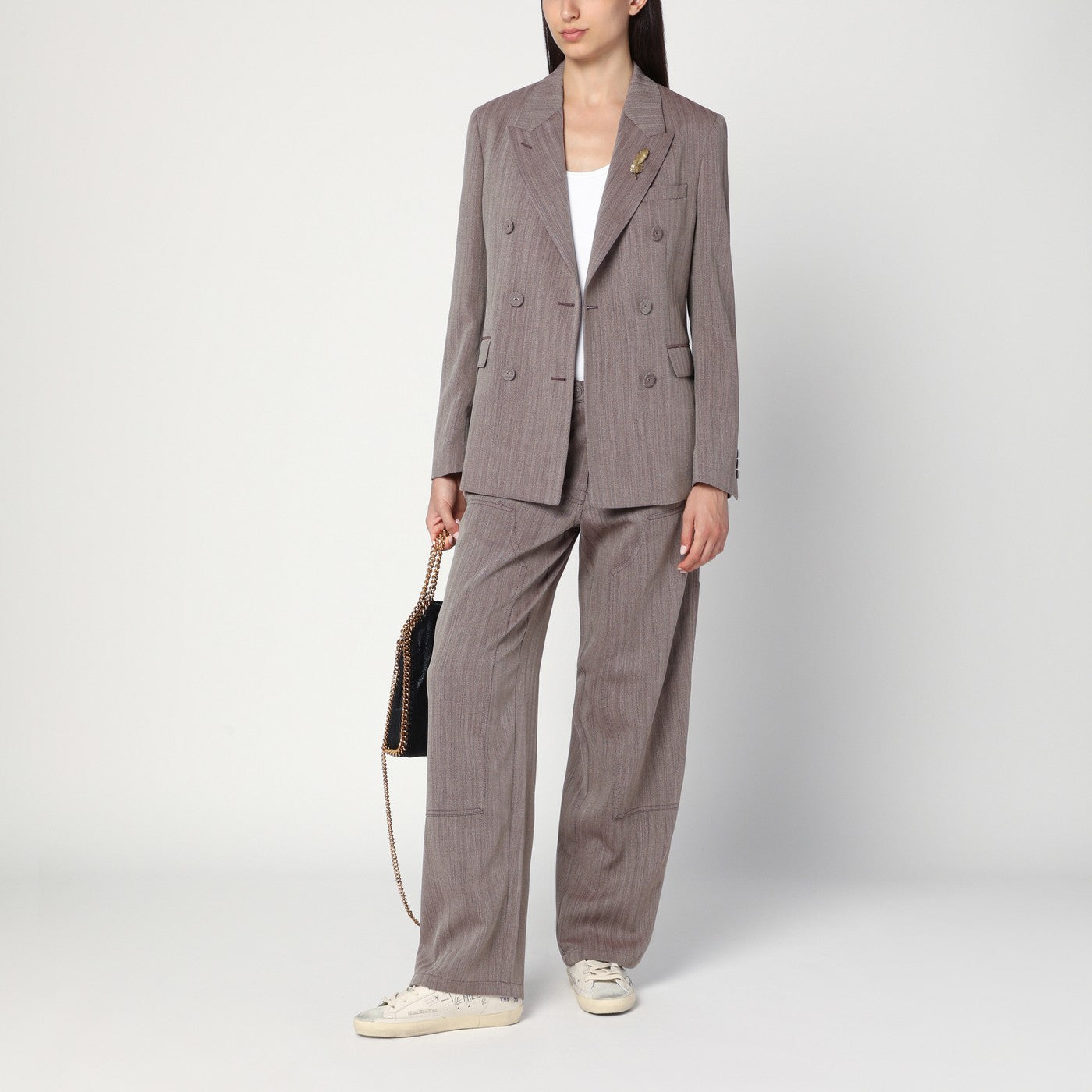 Hellbraune Doppelreiherjacke aus Chevron-Wollmischung