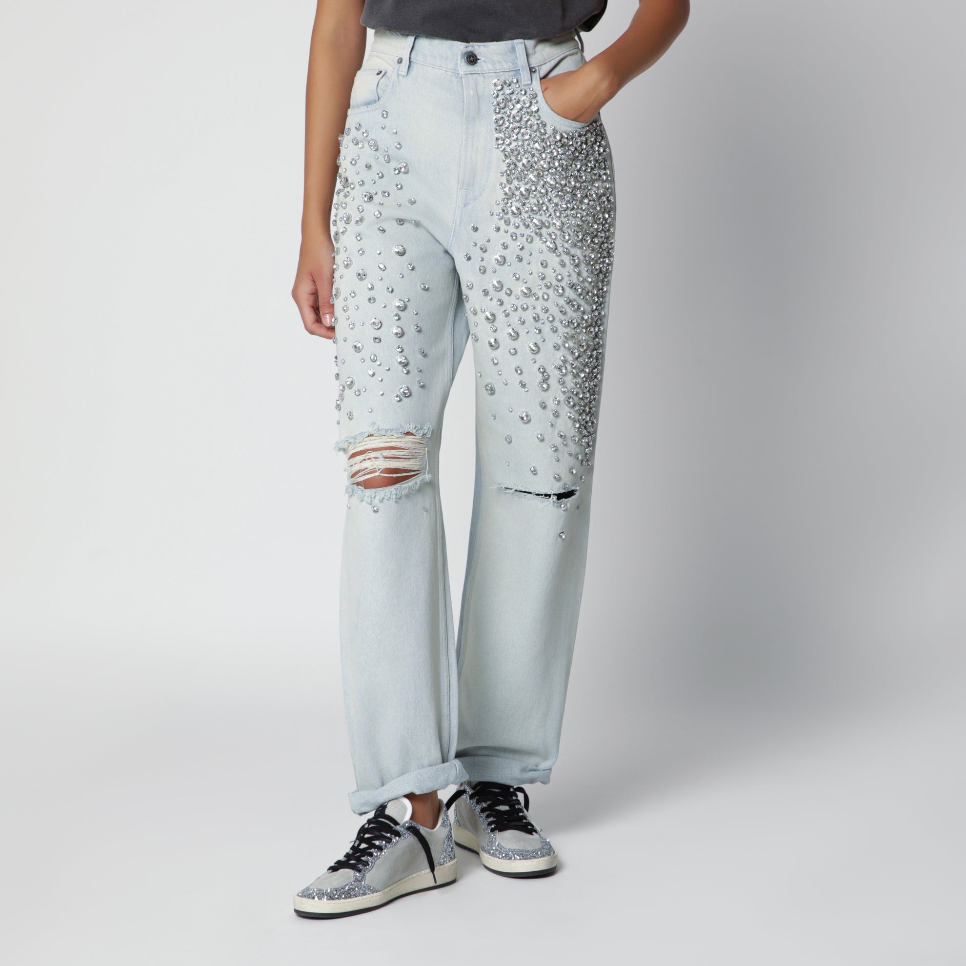 Light blue jeans with cabochon crystals
