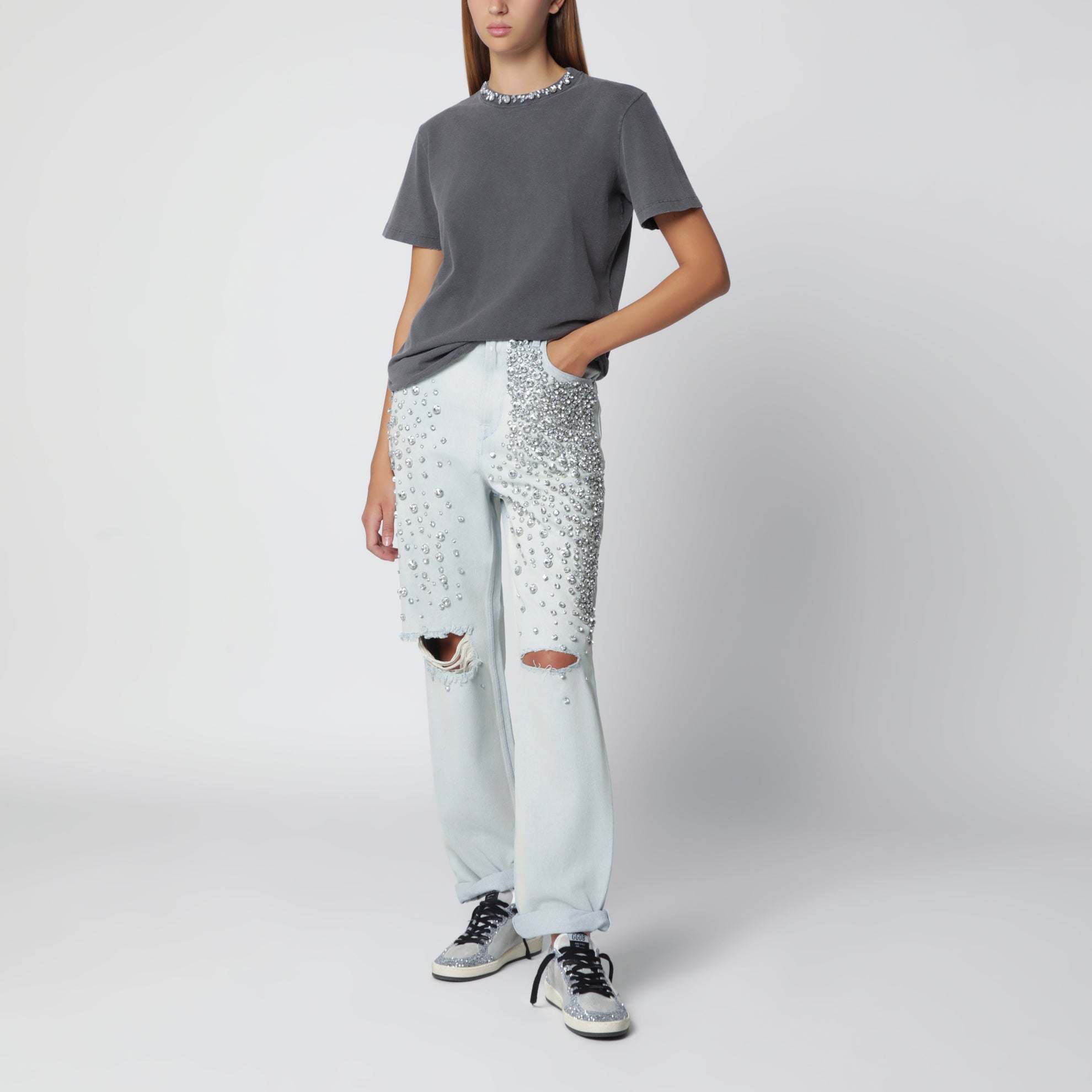 Light blue jeans with cabochon crystals