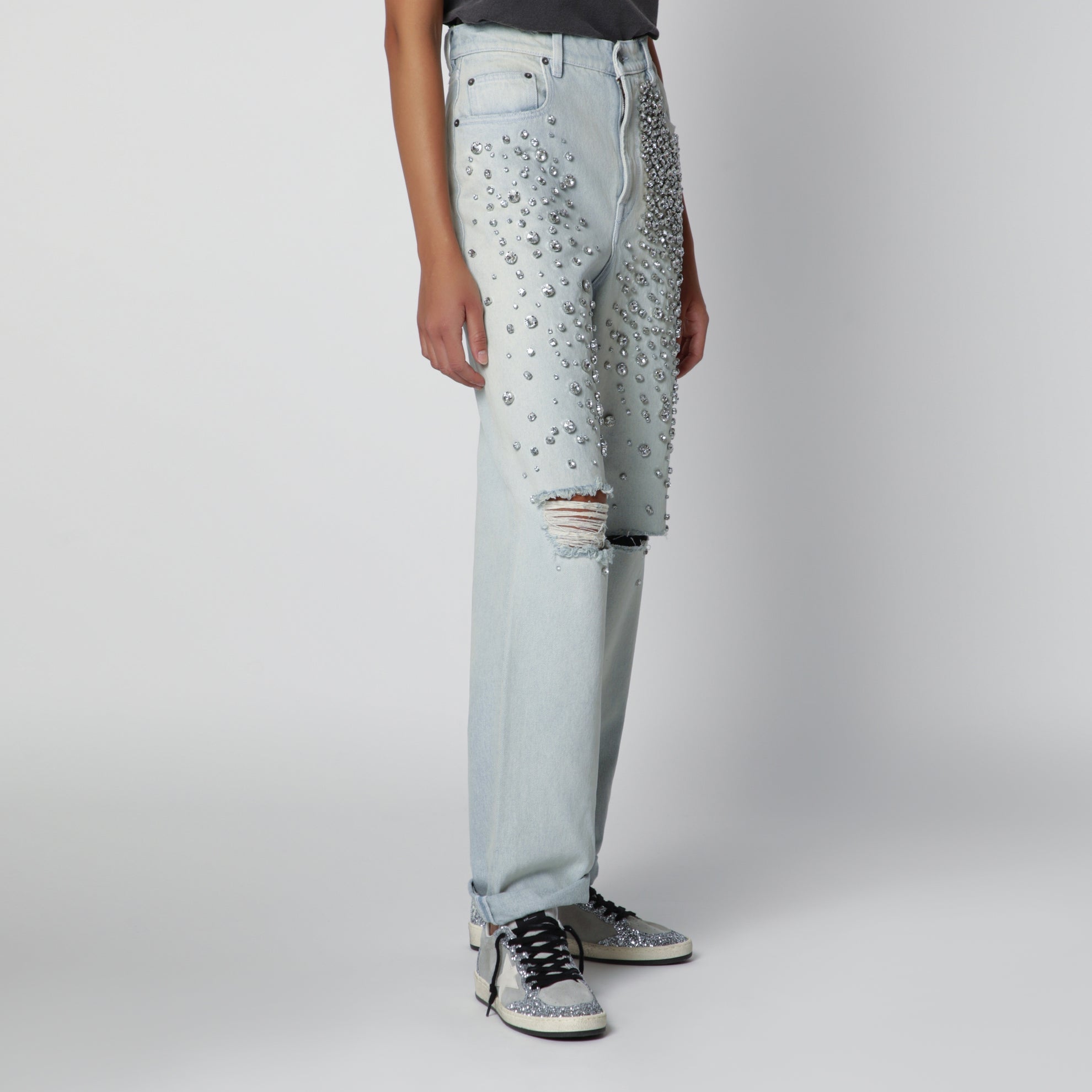 Light blue jeans with cabochon crystals