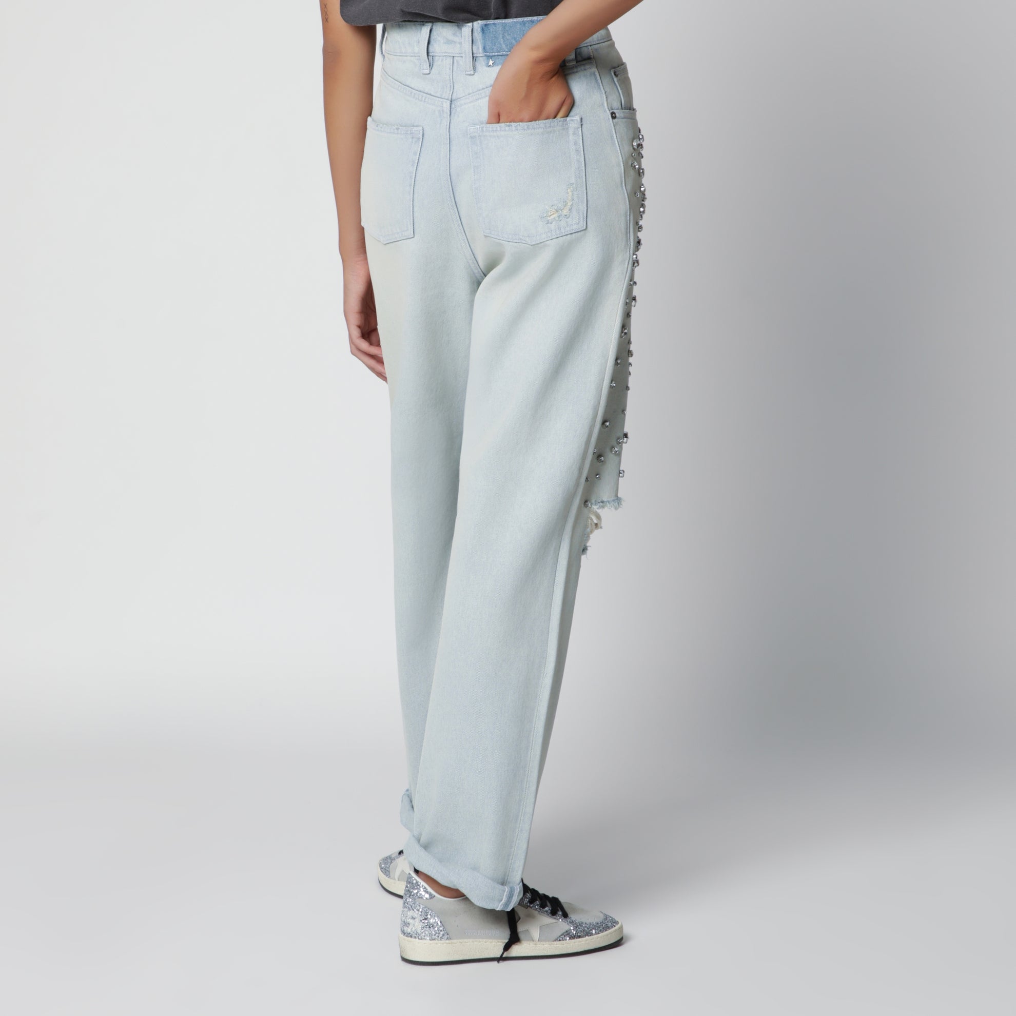 Light blue jeans with cabochon crystals