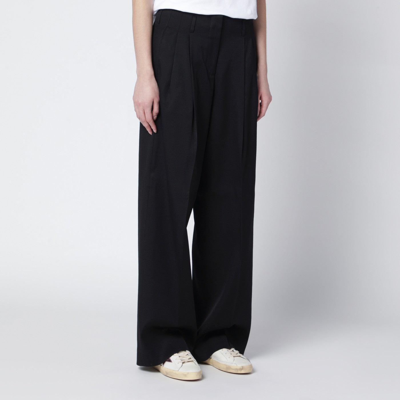 Wide black wool trousers