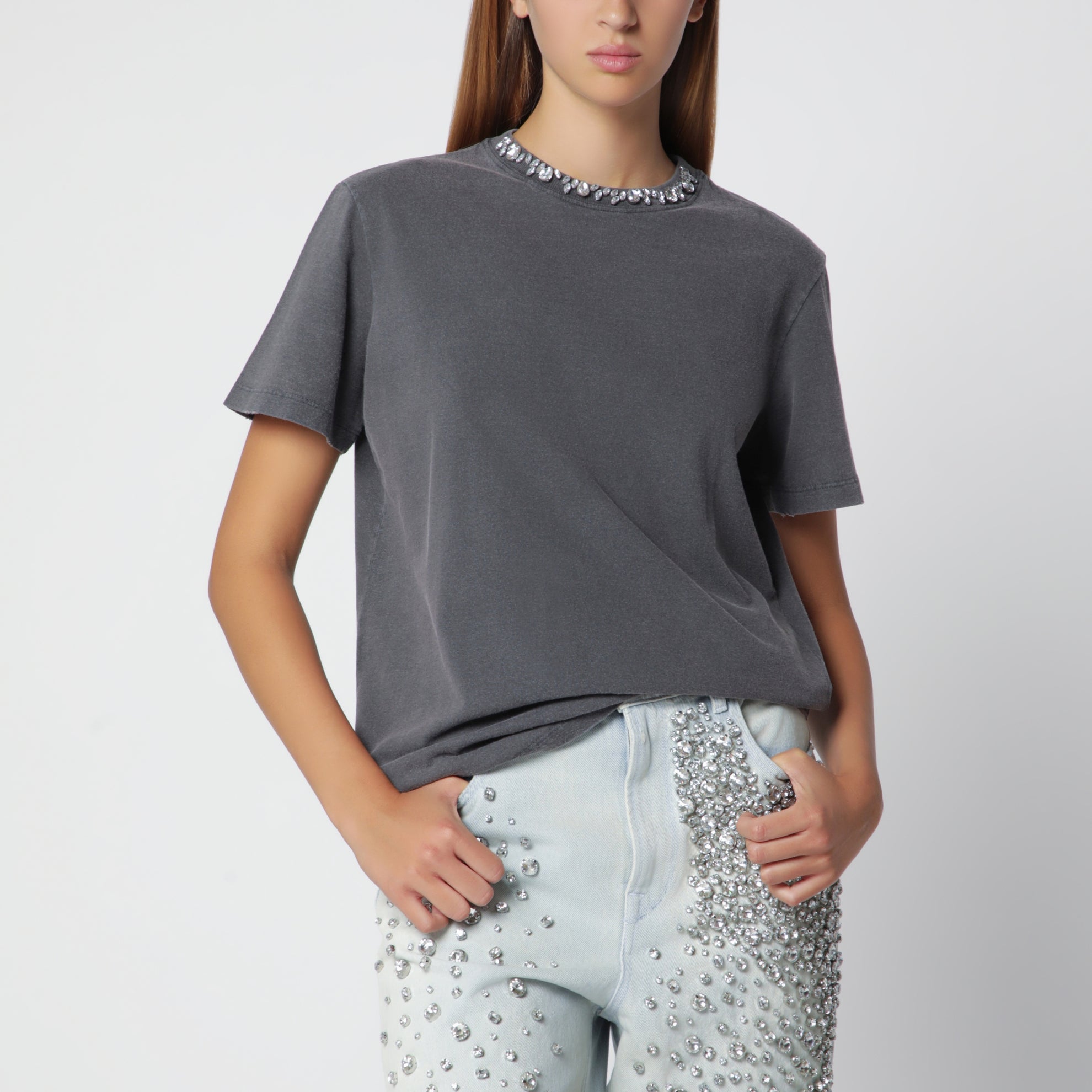 T-shirt à cristaux en coton anthracite