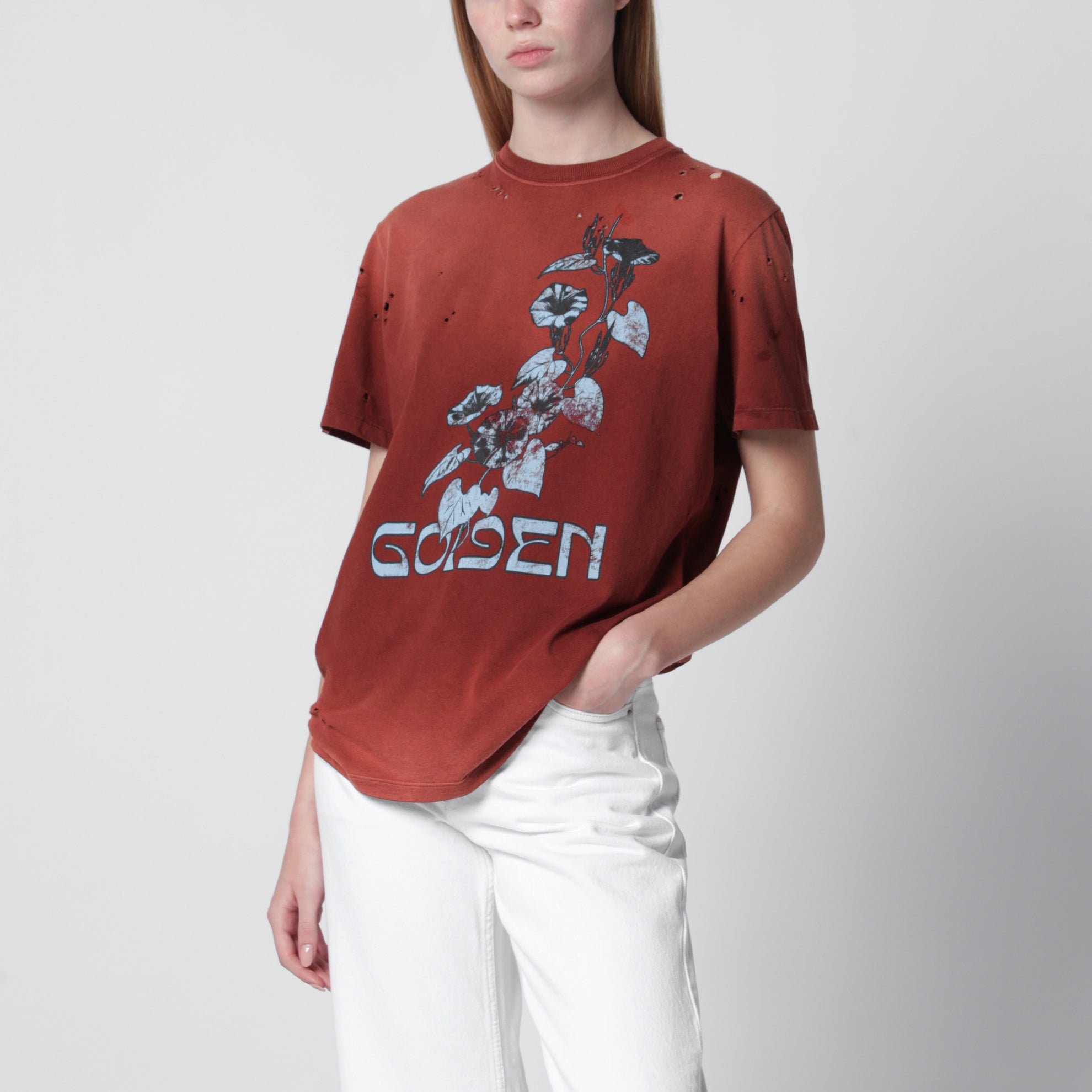T-shirt in cotone color ruggine con stampa floreale