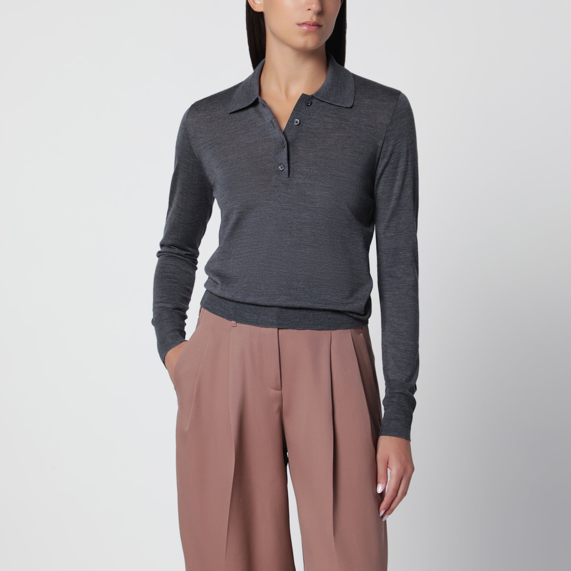 Anthracite virgin wool long-sleeved polo shirt