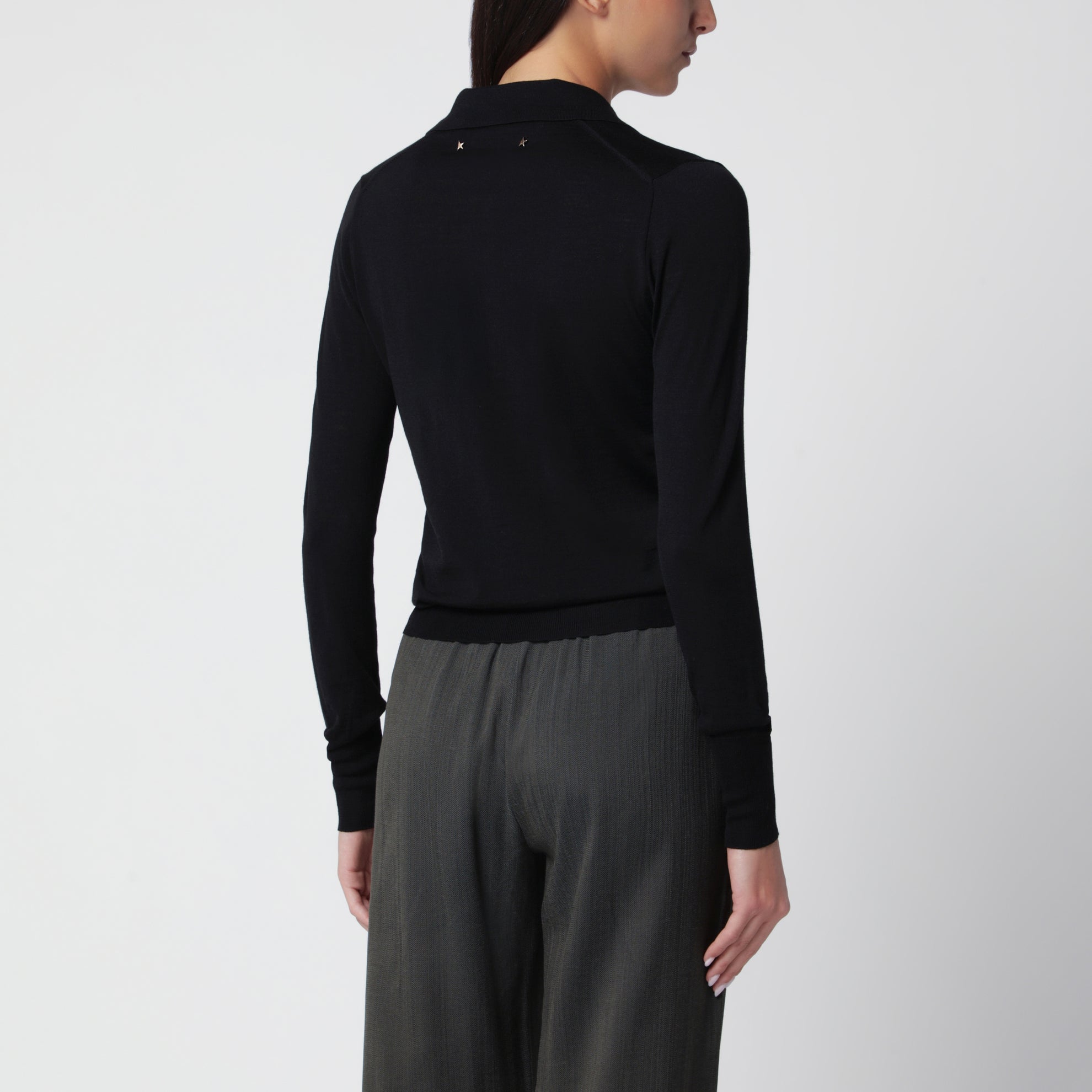 Langarm-Poloshirt aus schwarzer Schurwolle