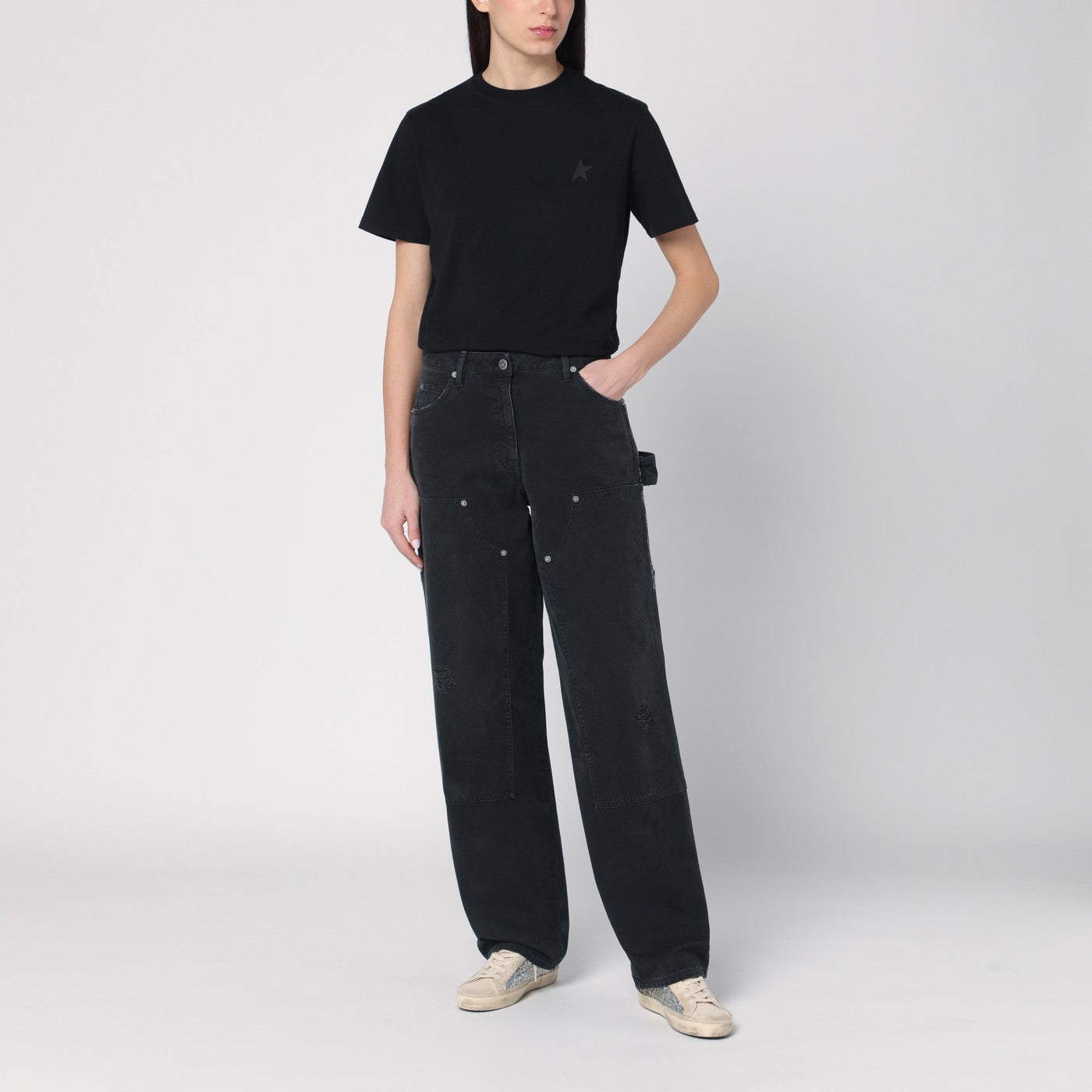 Wide black trousers in denim