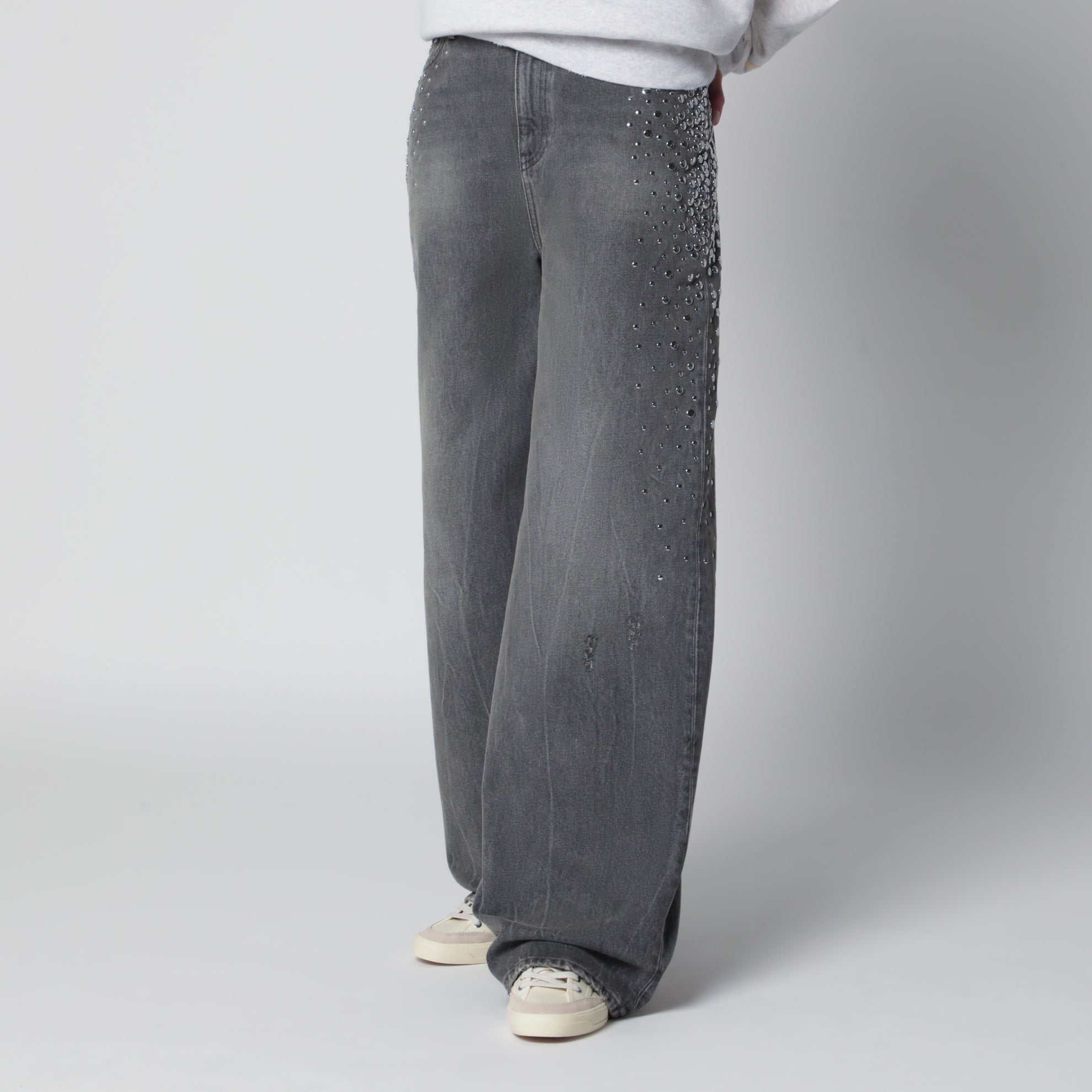 Jeans Melody boyfriend in denim grigio con borchie