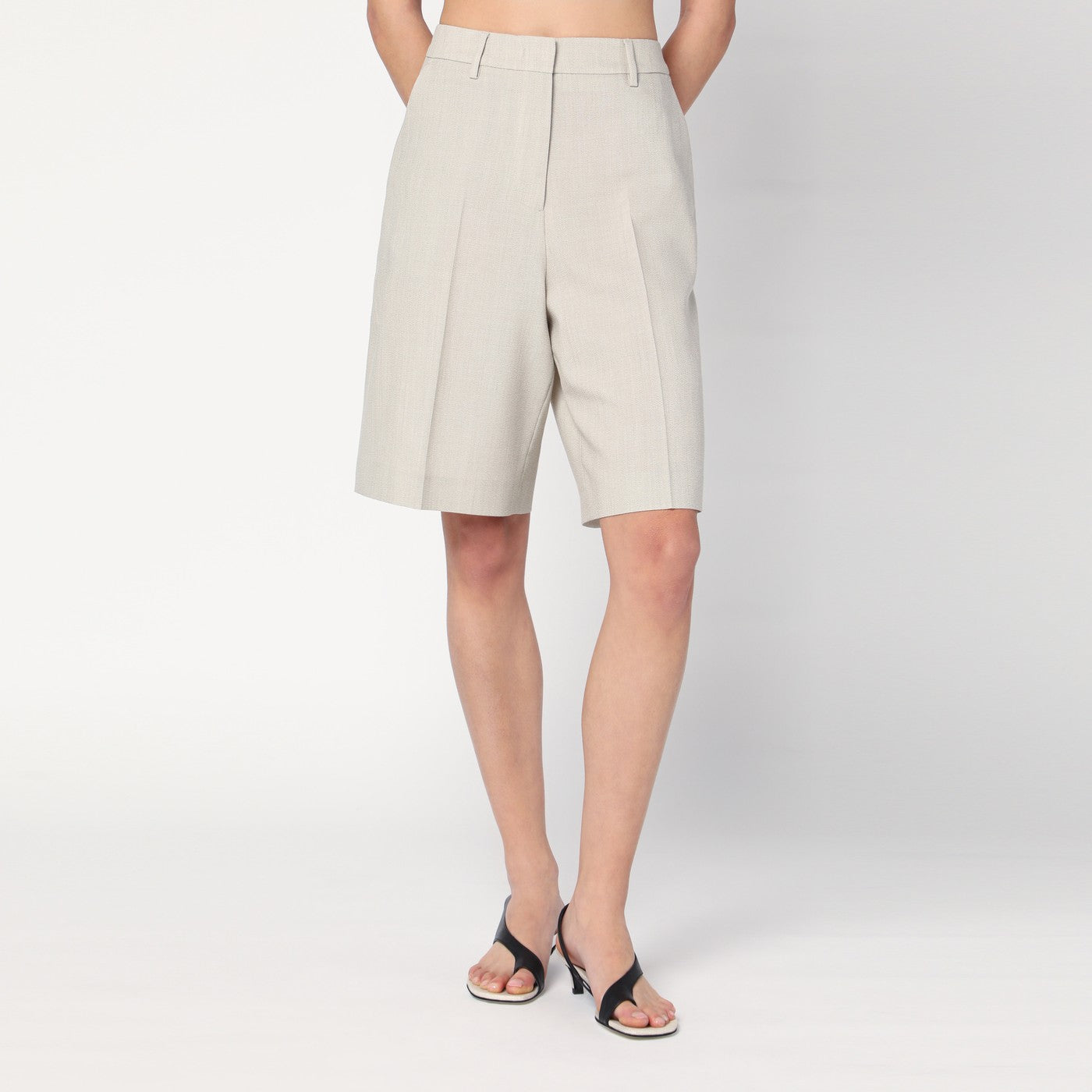 Beige mélange wool-blend bermuda