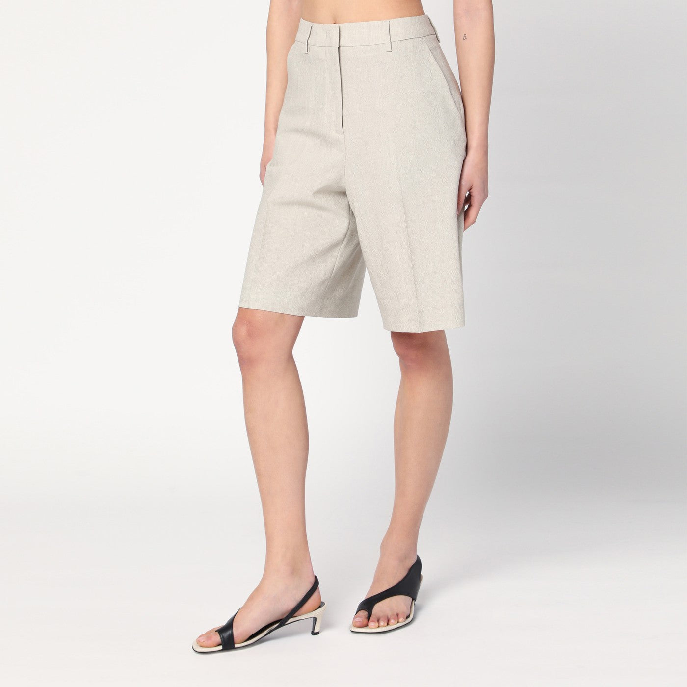 Beige mélange wool-blend bermuda