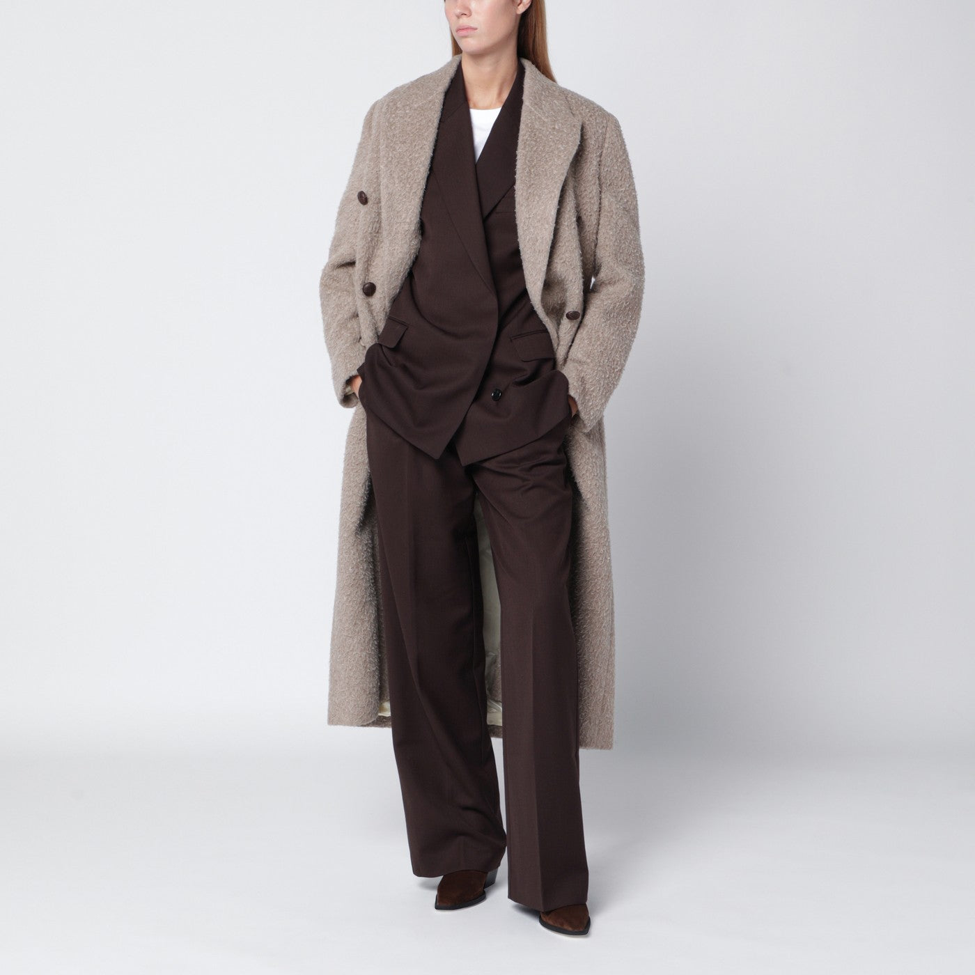 Greige wool-blend belted coat