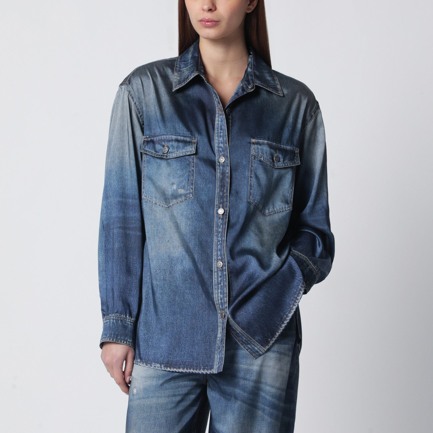 Blaue oversized Patty-Hemdbluse mit Denim-Print