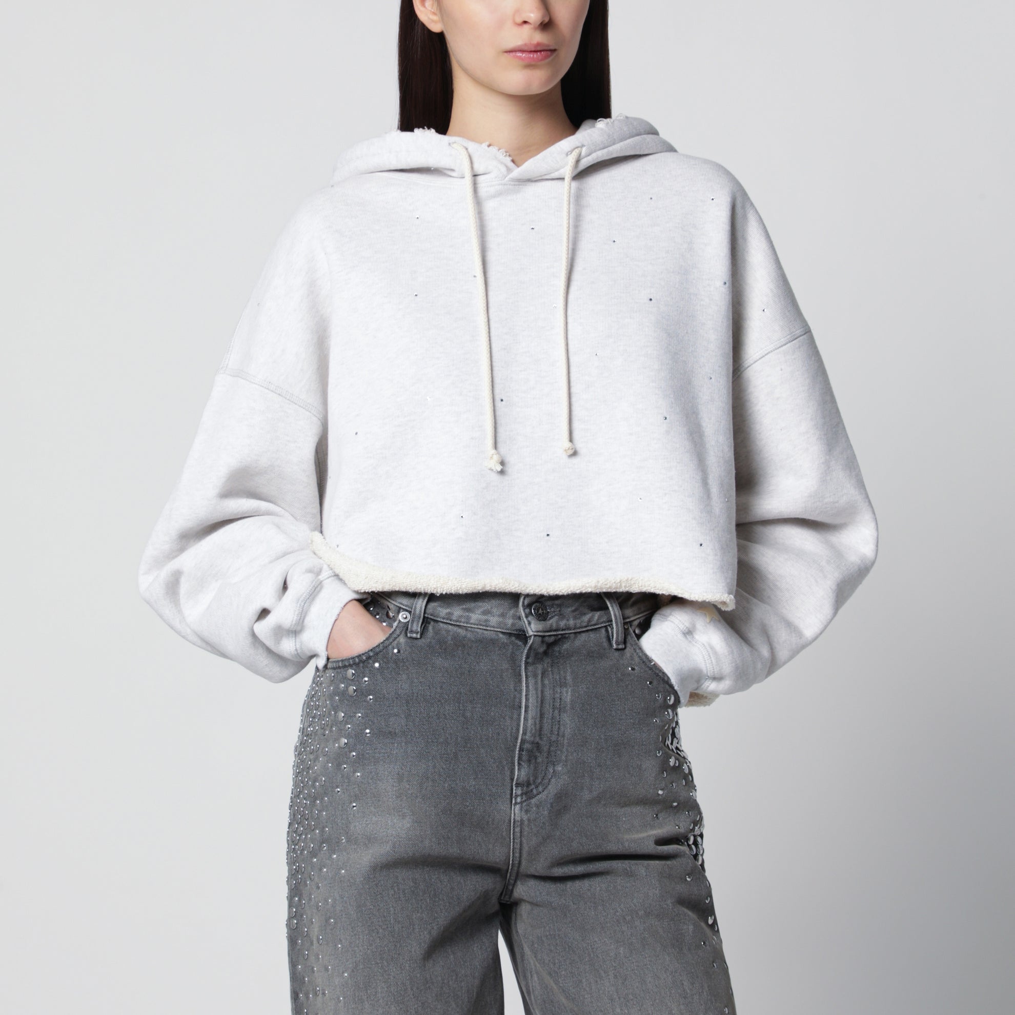 Sweat à capuche Star court oversize en coton gris