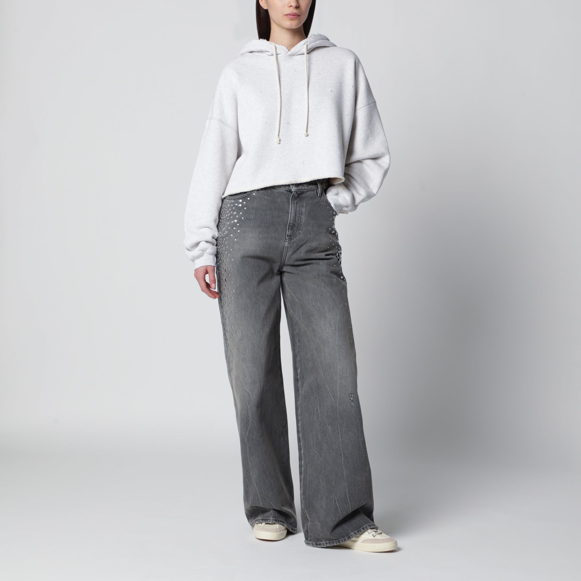 Sweat à capuche Star court oversize en coton gris