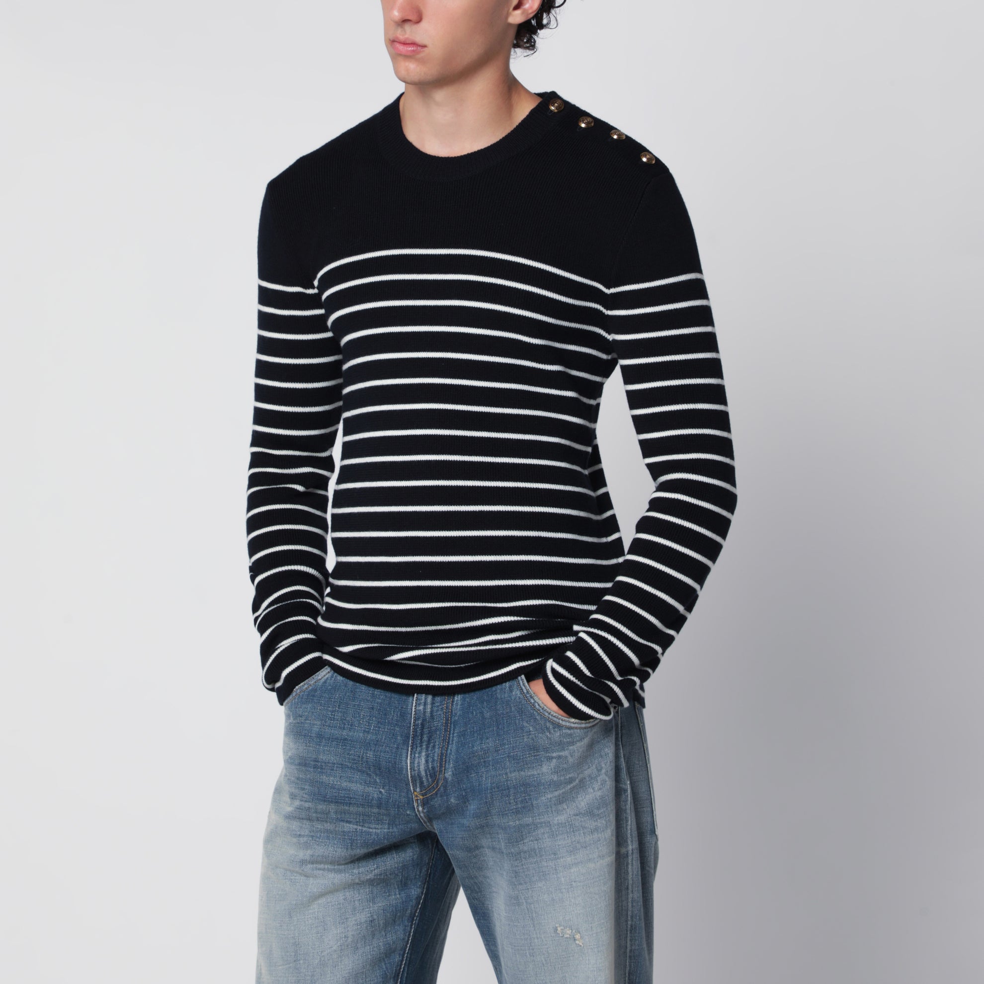 Maglione con bottoni a righe blu/bianco in lana
