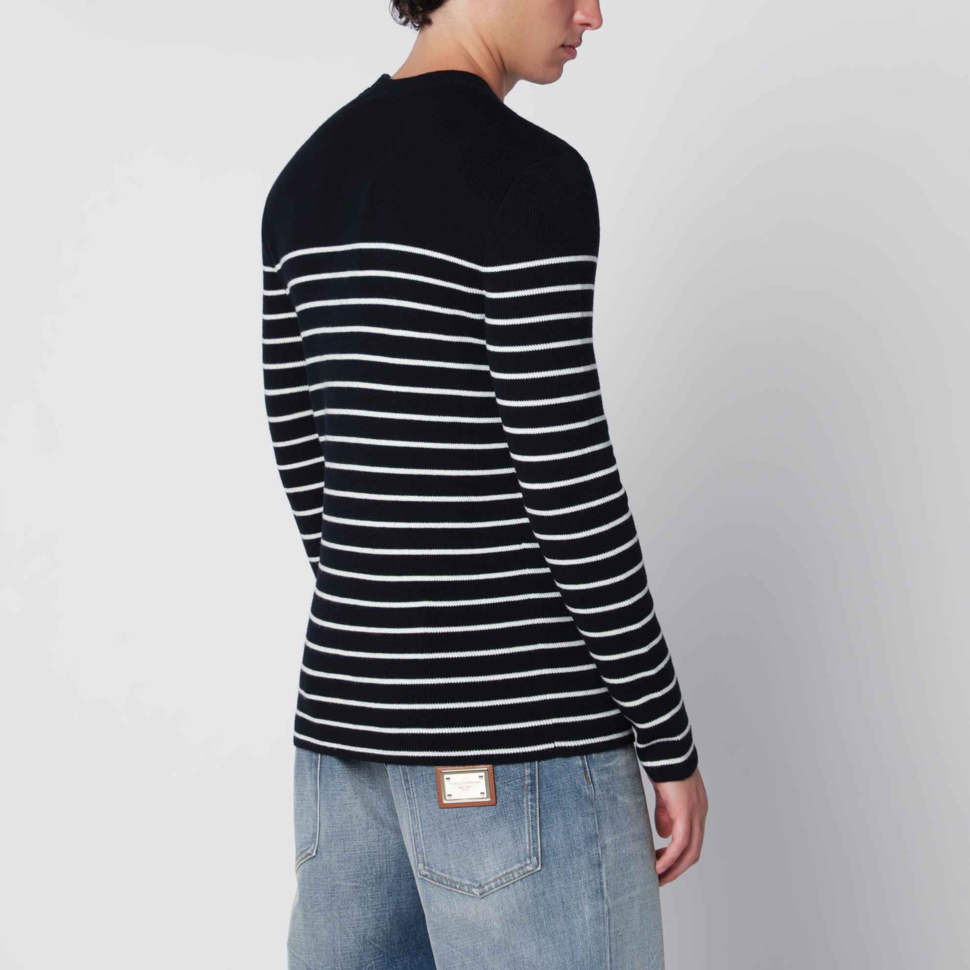 Maglione con bottoni a righe blu/bianco in lana