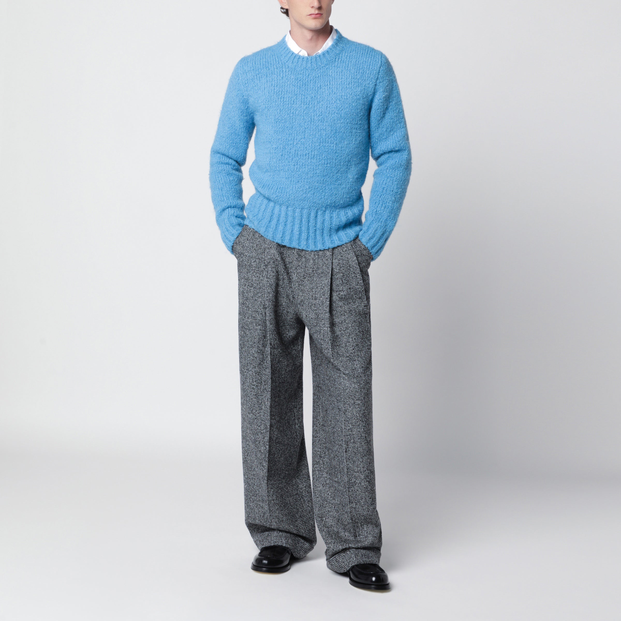 Dolce&Gabbana Turquoise crew neck sweater with bouclé effect