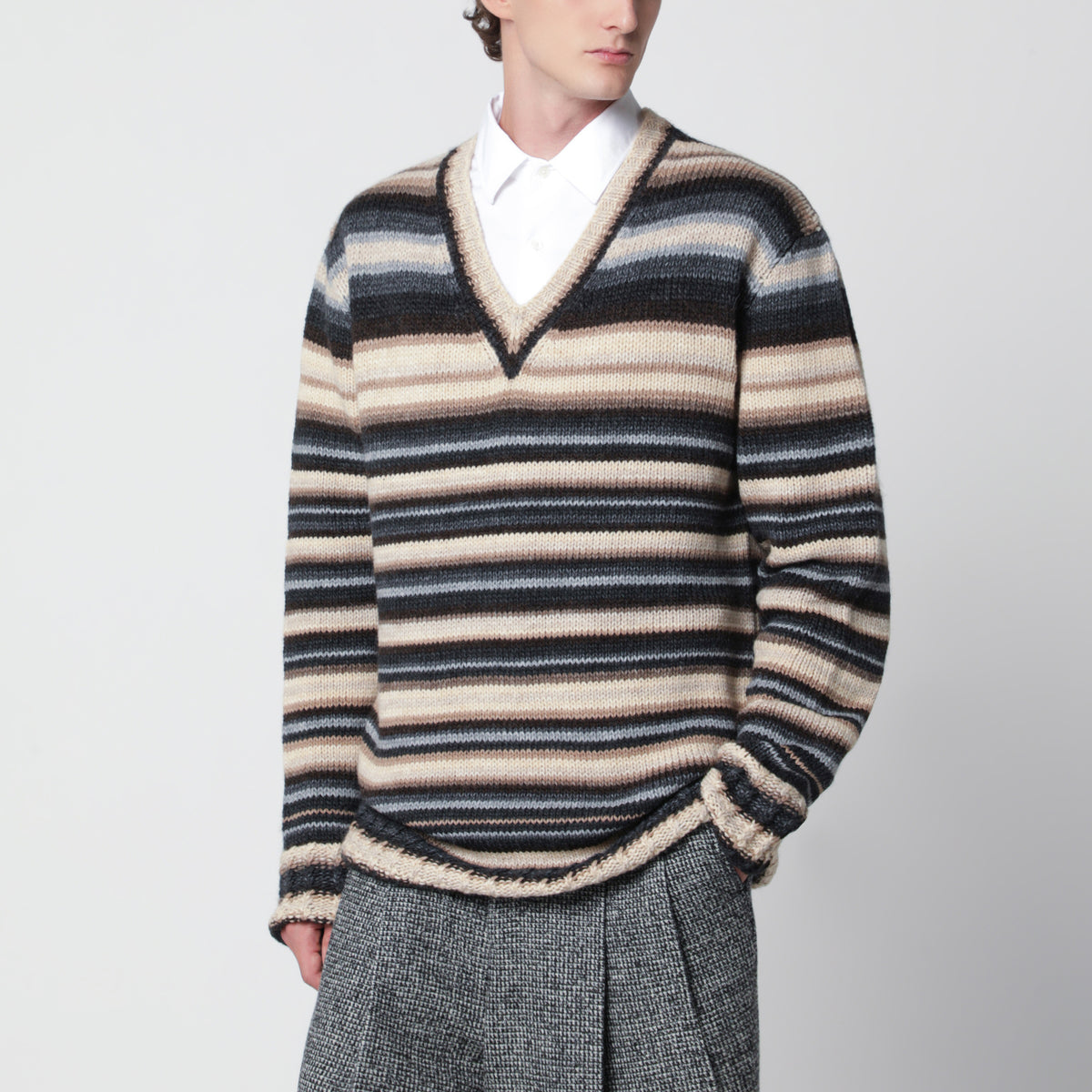 Pull marron/beige à rayures en mélange de laine