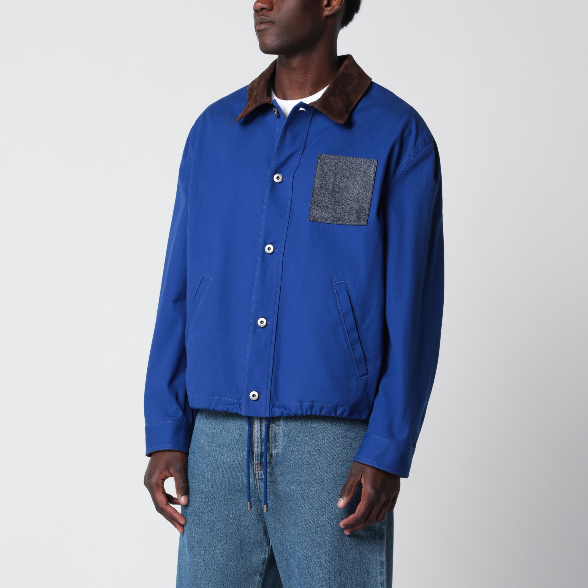 Langarmjacke aus Baumwolle und Leder in Blau