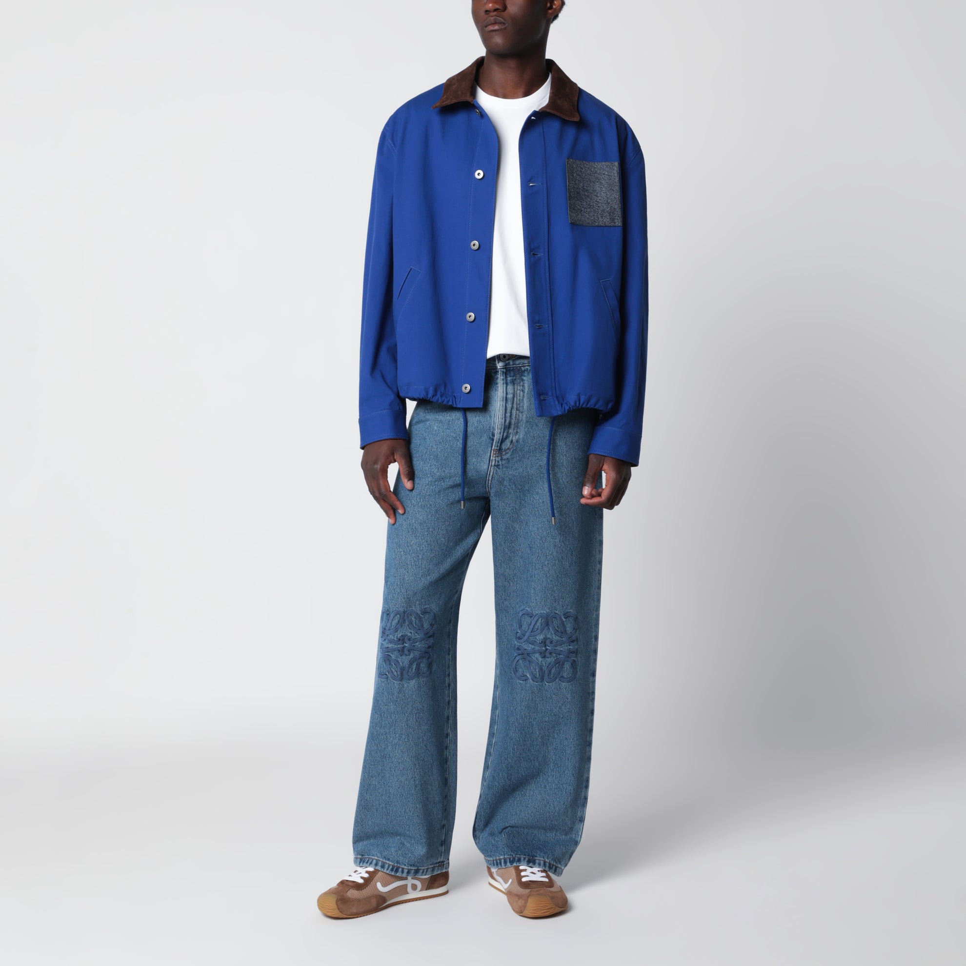 Langarmjacke aus Baumwolle und Leder in Blau