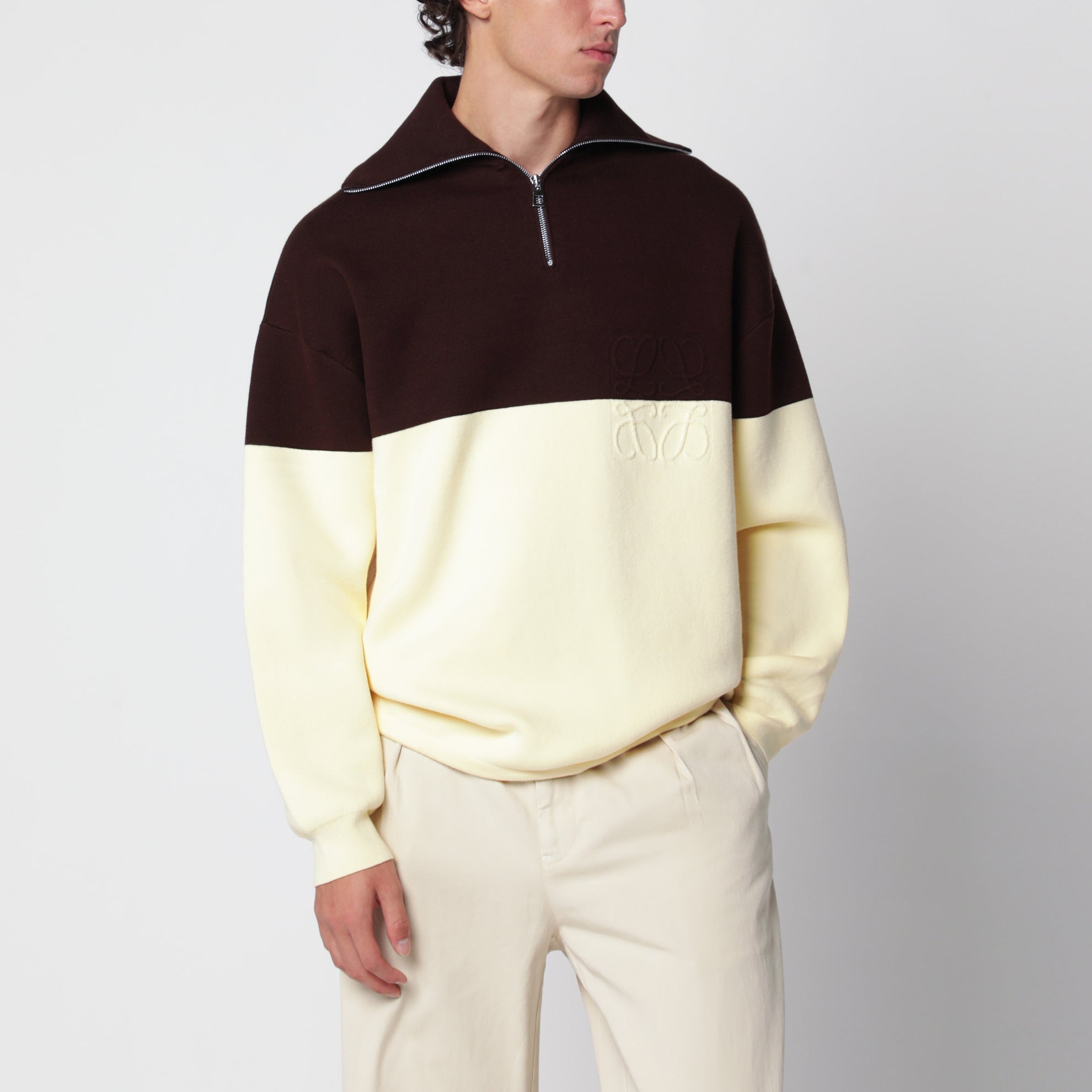 Brown/yellow half-zip sweatshirt in cotton blend