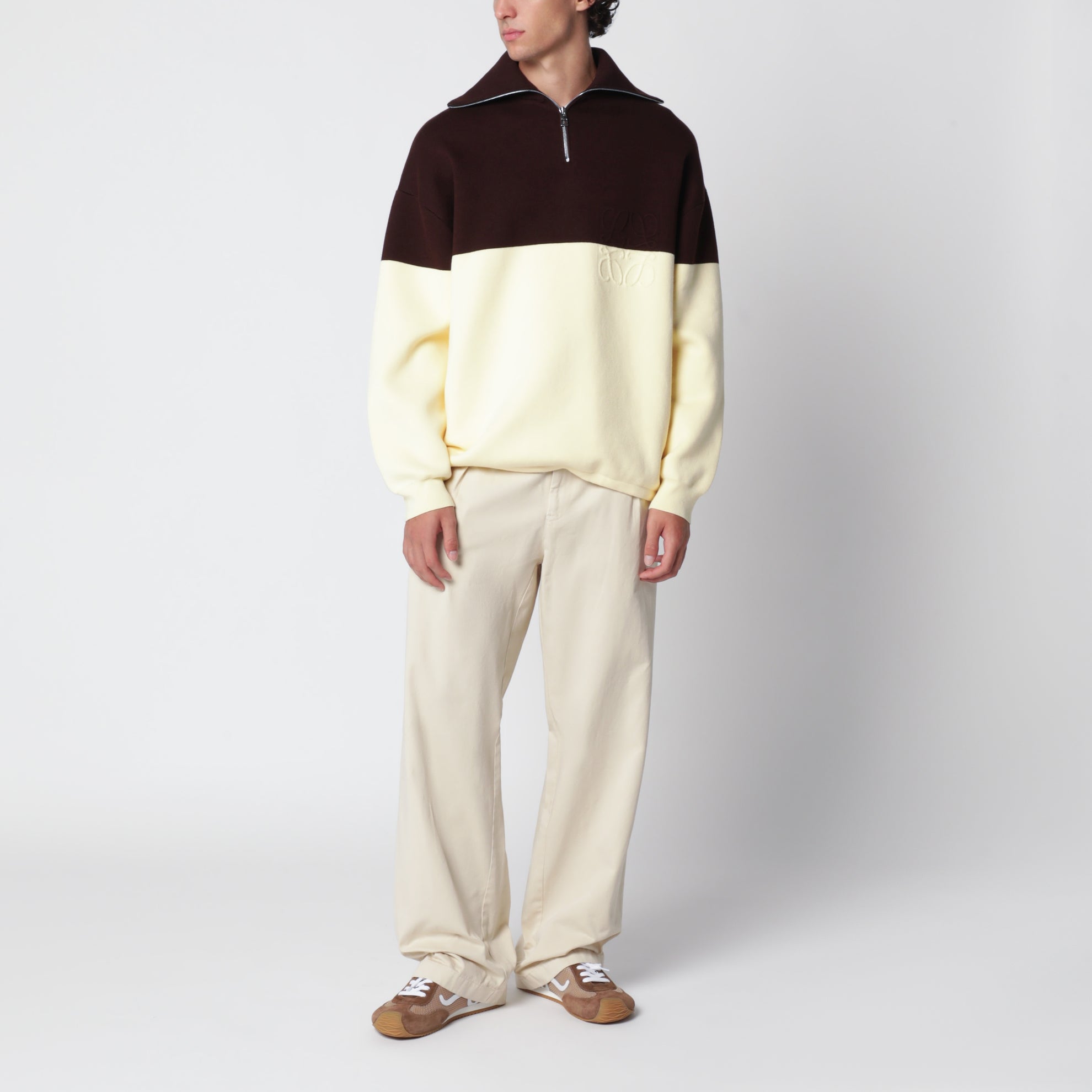 Brown/yellow half-zip sweatshirt in cotton blend