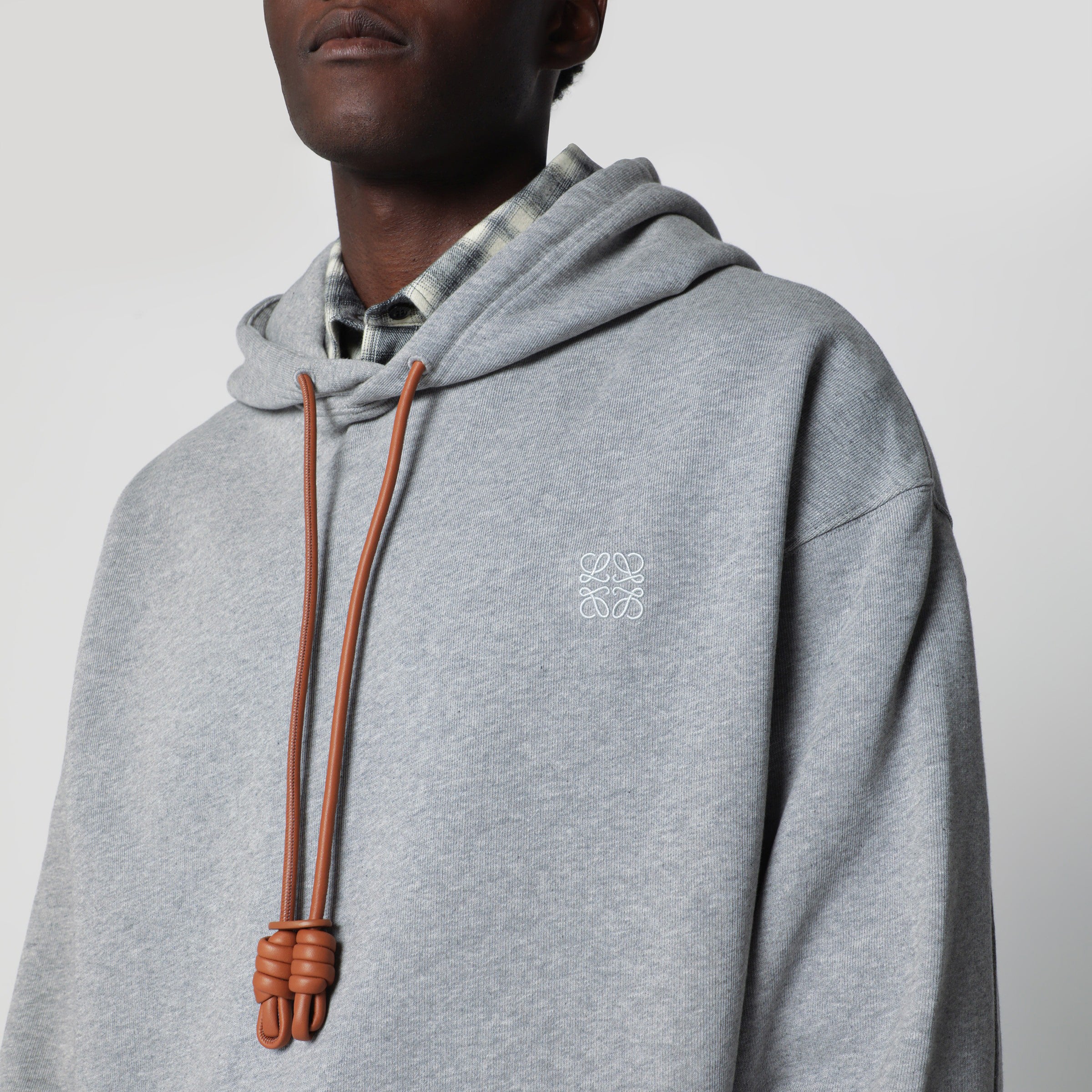 Loewe Grey Mélange Relaxed-Fit Hoodie with Leather Drawstring