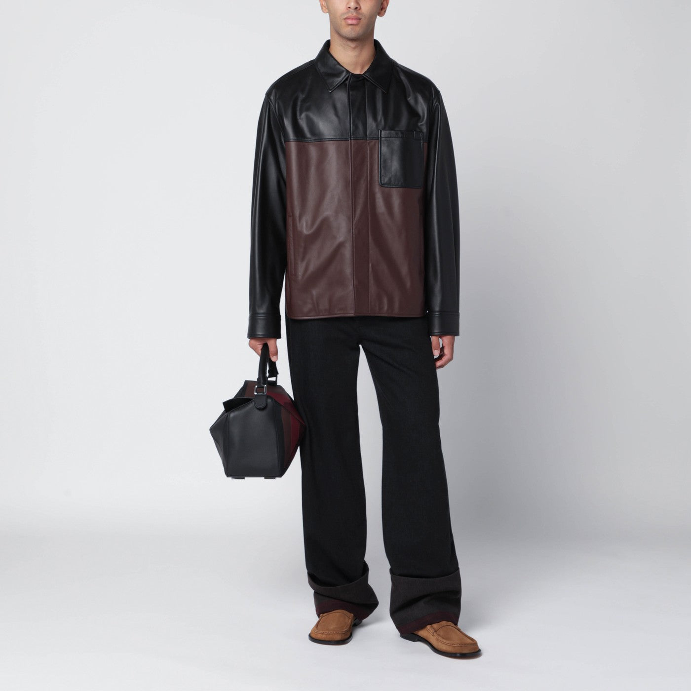 Black/burgundy leather overshirt