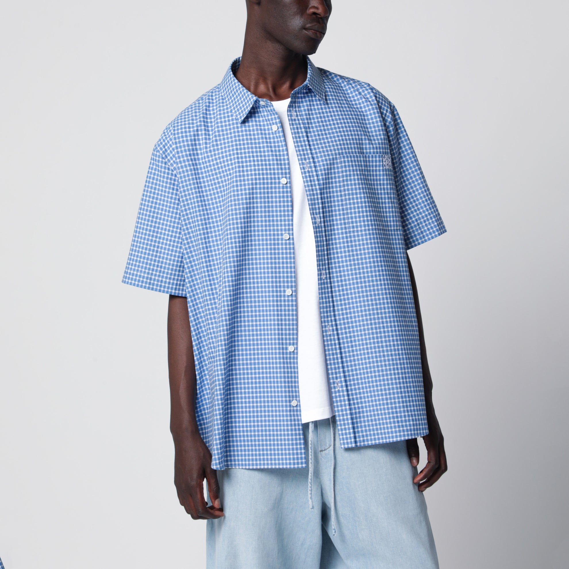 Camicia a maniche corte in cotone a quadri blu/bianca