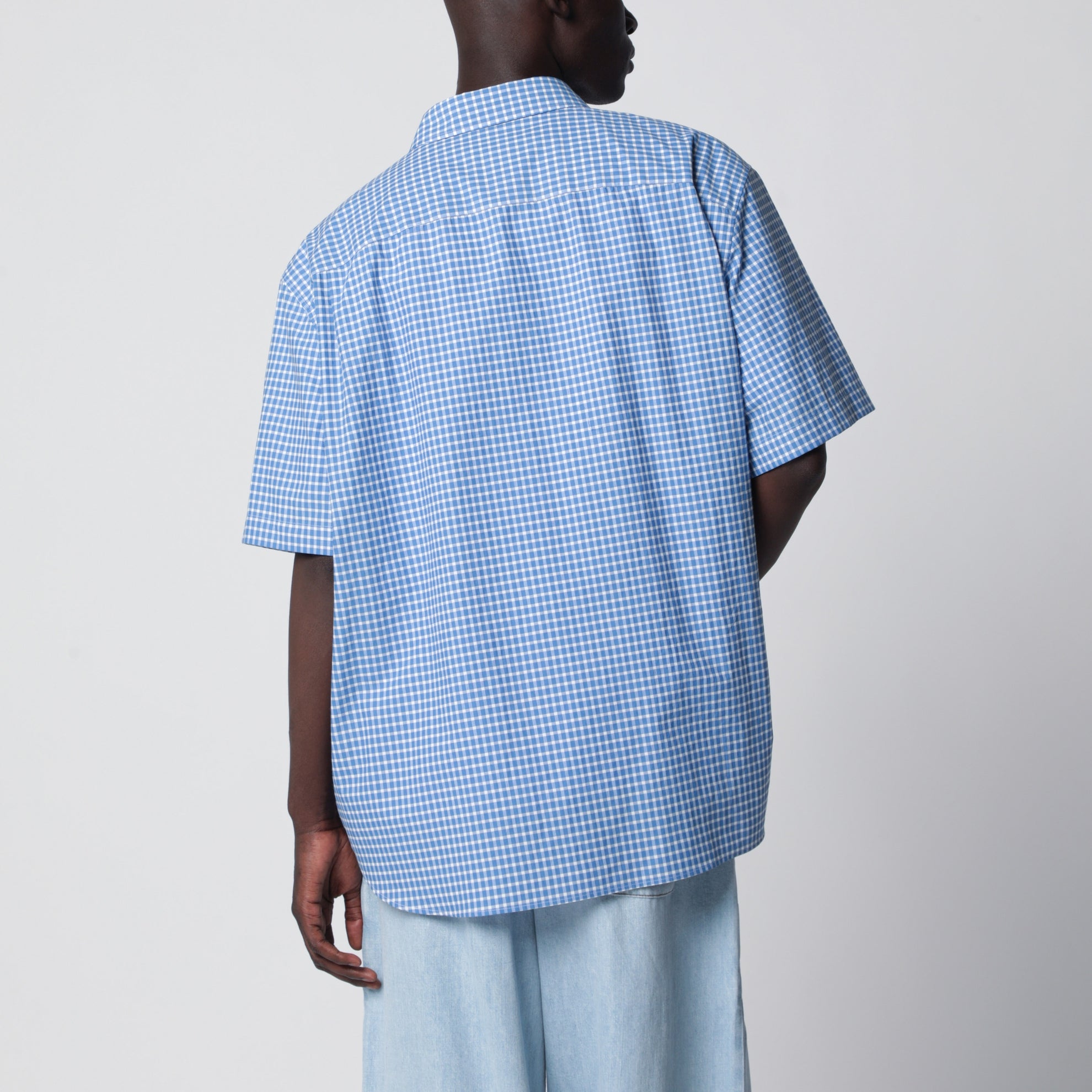 Camicia a maniche corte in cotone a quadri blu/bianca