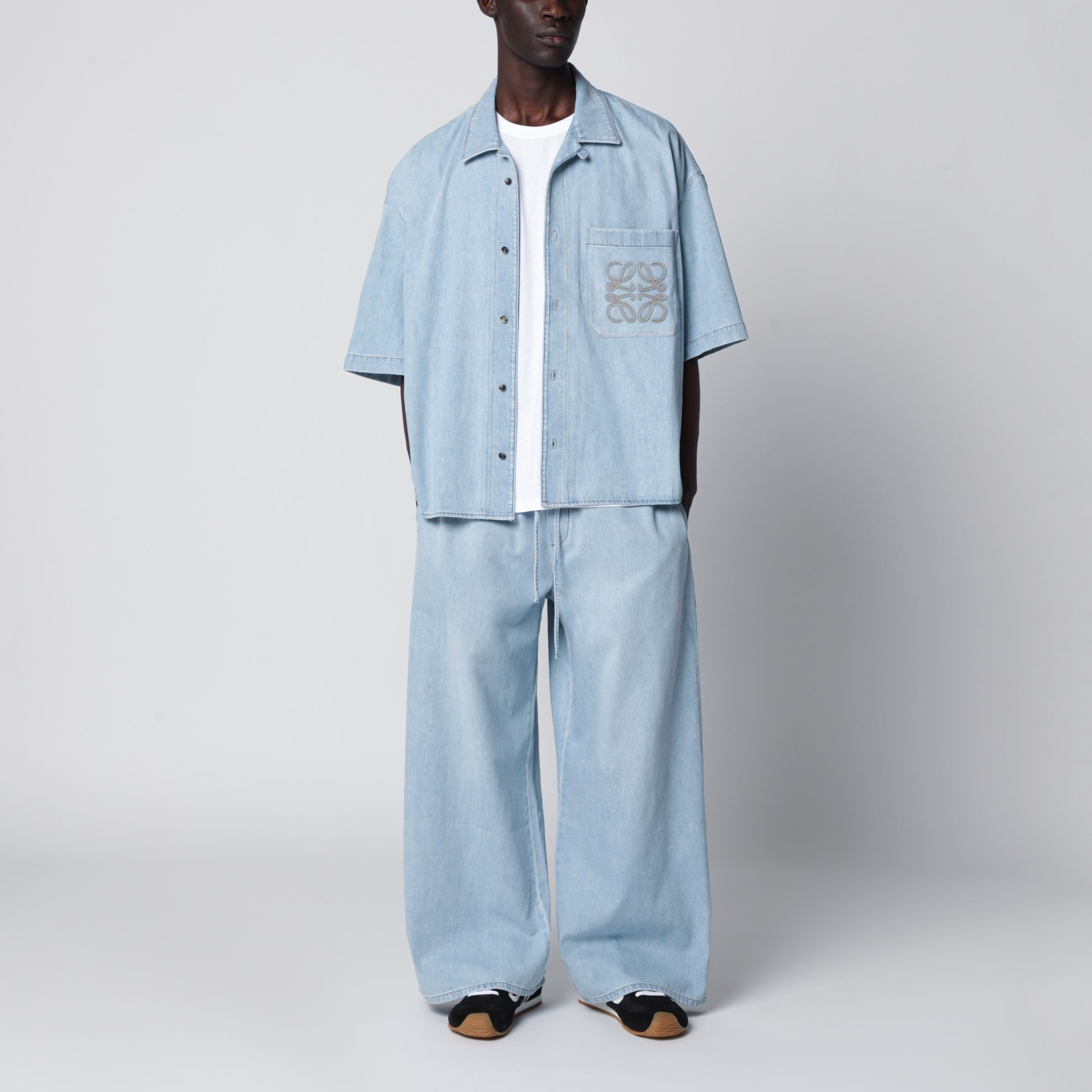 Camicia a maniche corte in denim blu lavato