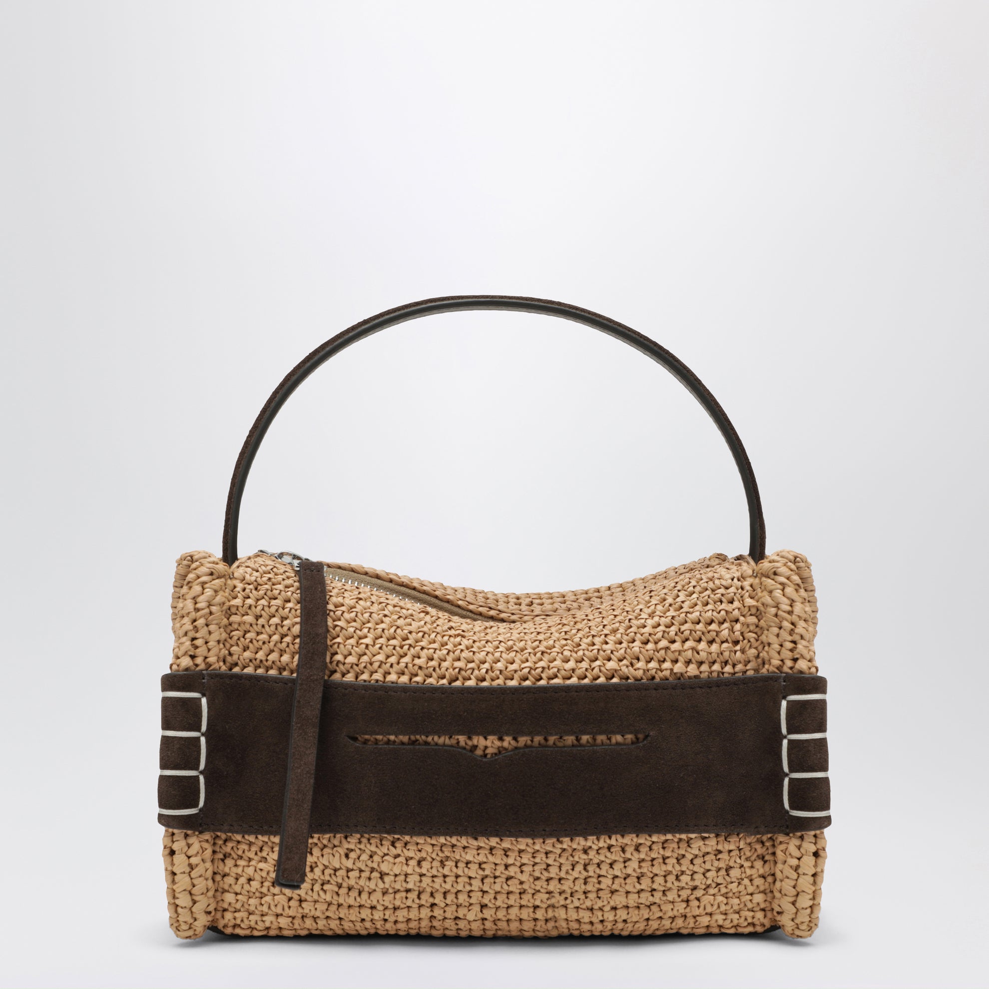 Borsa Loafer piccola in rafia naturale con dettagli marroni