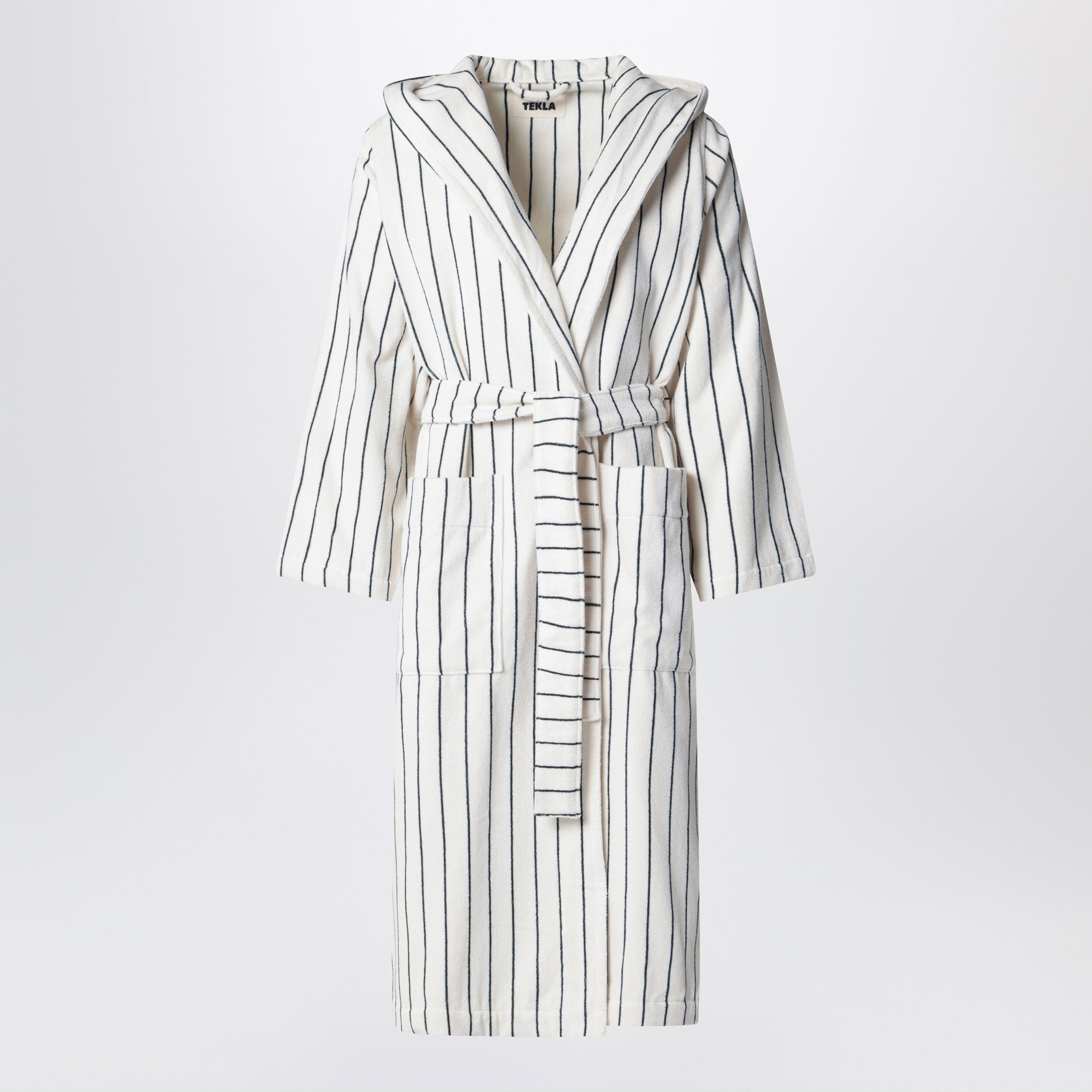 Hooded organic cotton bathrobe in racing green stripes