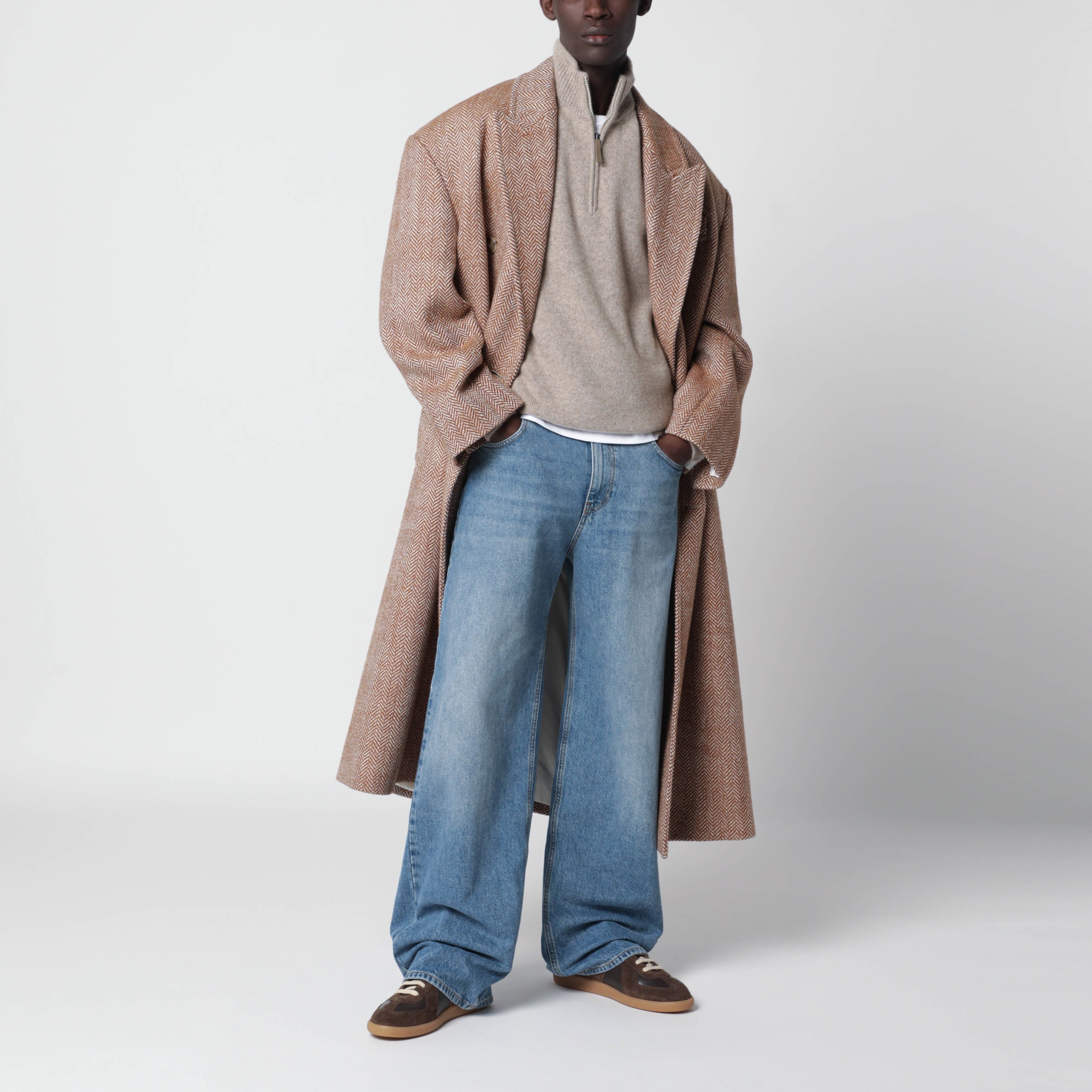 Ami Paris Long brown and ivory herringbone wool coat | TheDoubleF
