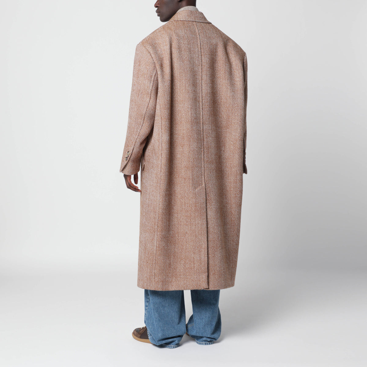 Cappotto lungo marrone/avorio in lana a spina di pesce