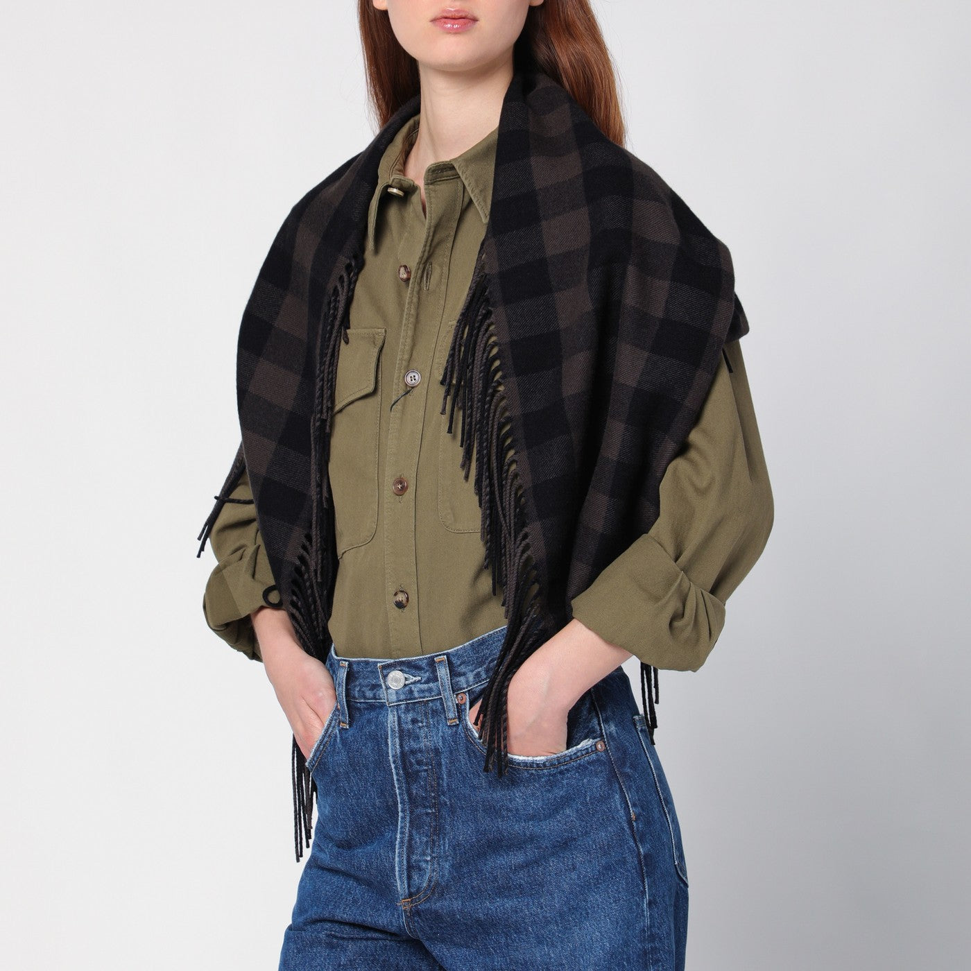 Brown check wool and cashmere shawl
