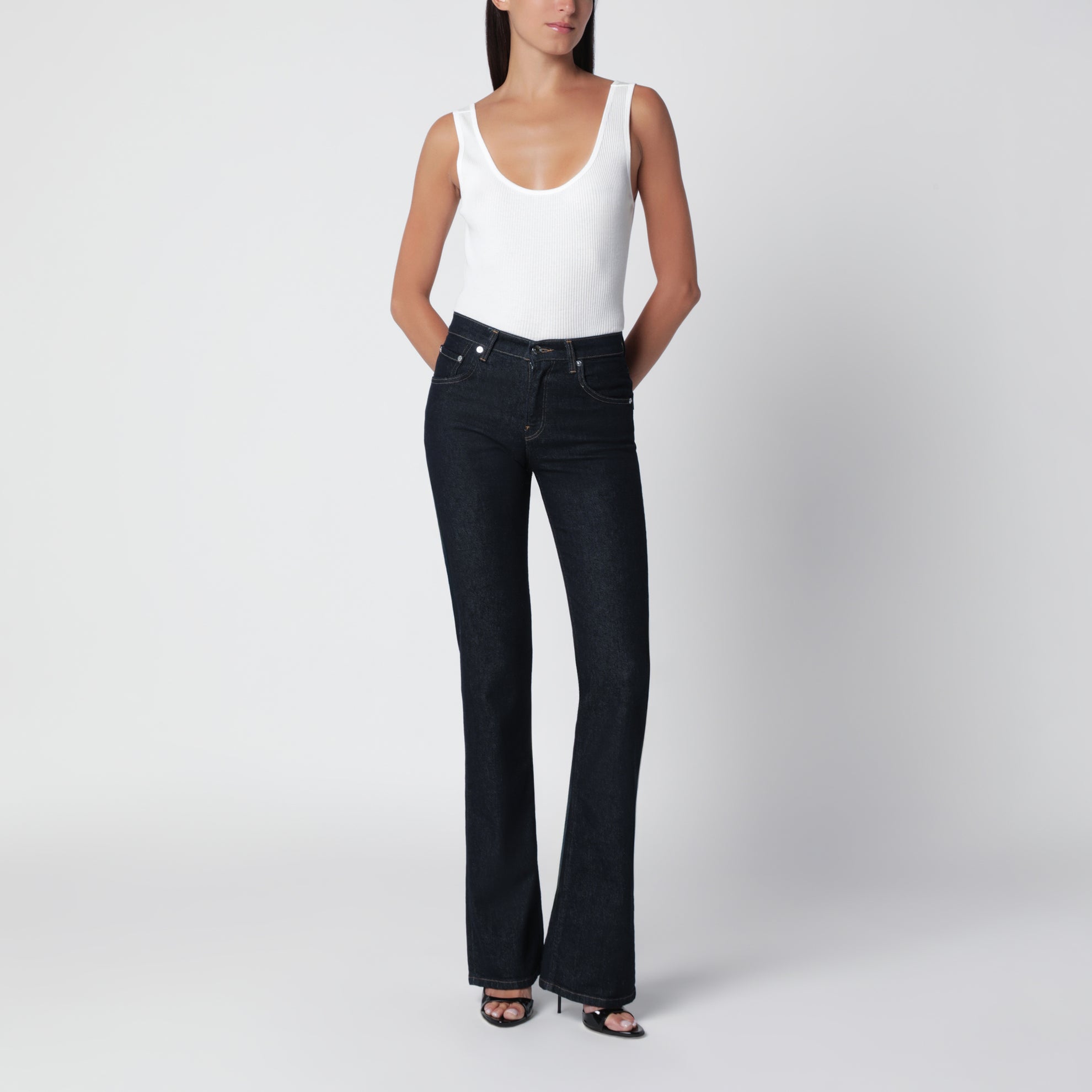 Dark blue jeans with slits