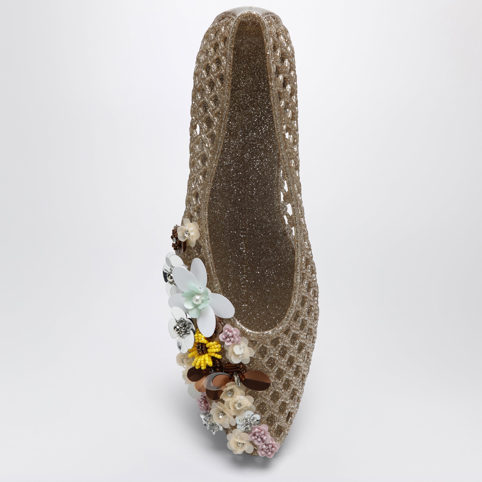 Gold Orchid ballet flats in PVC with beaded flowers