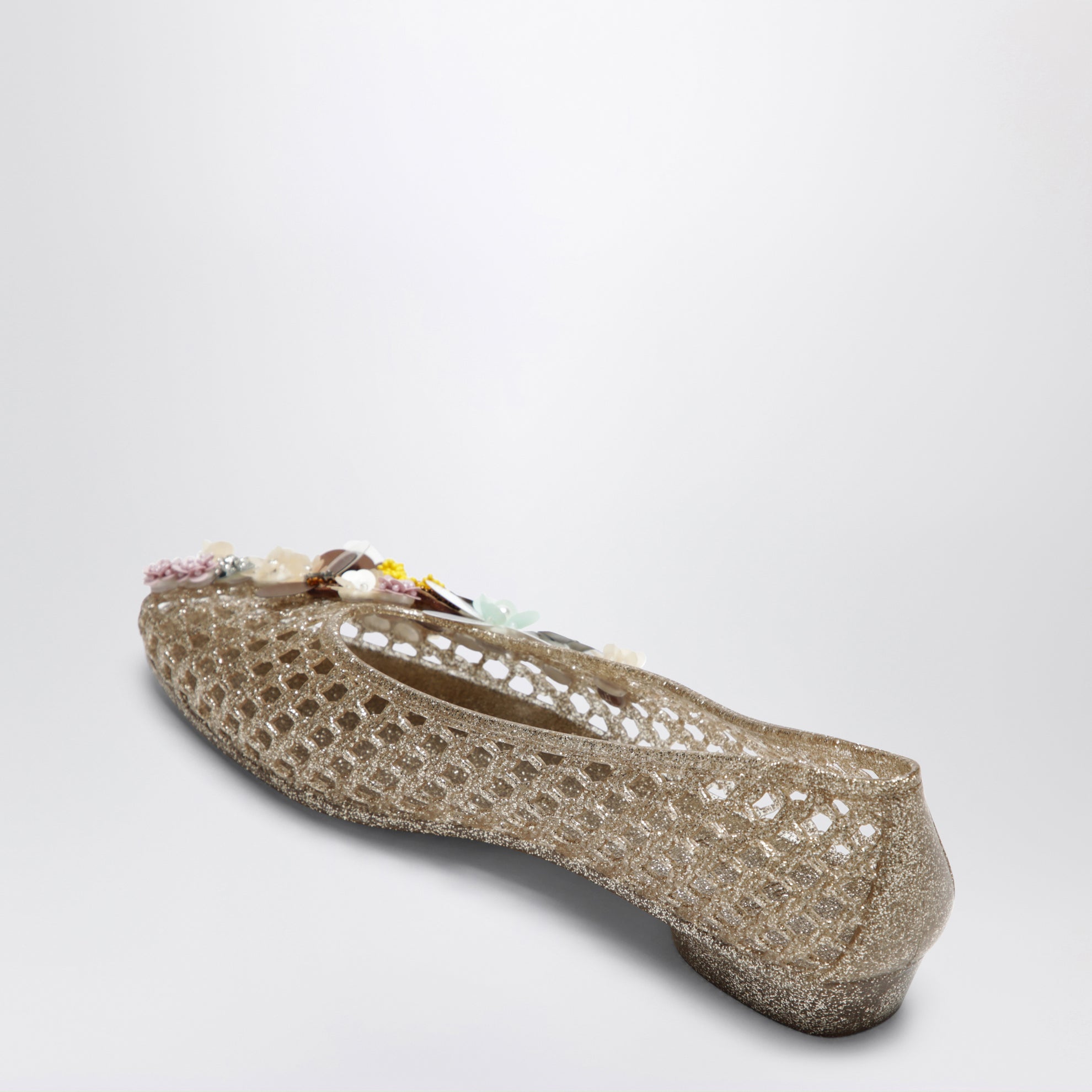 Gold Orchid ballet flats in PVC with beaded flowers