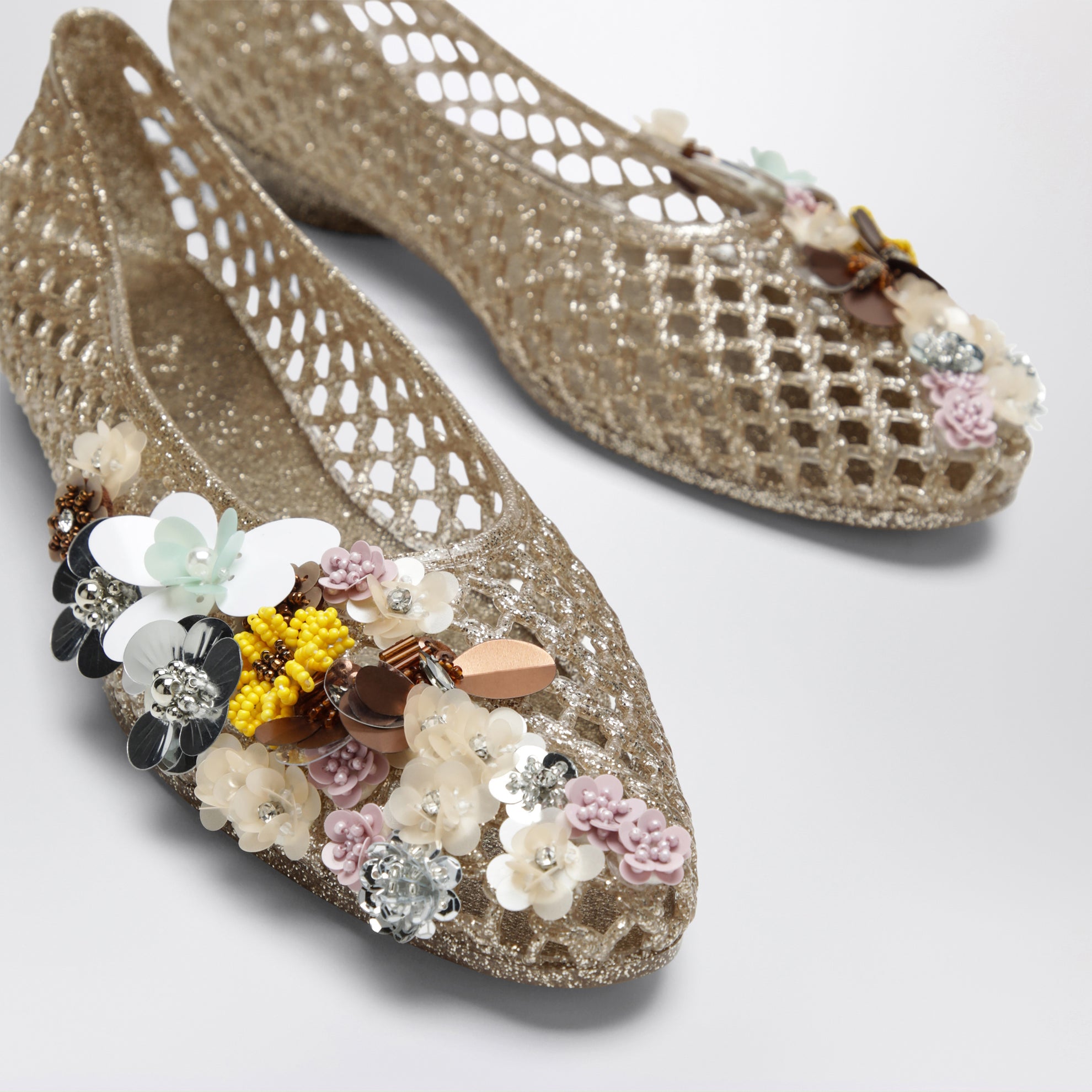 Gold Orchid ballet flats in PVC with beaded flowers