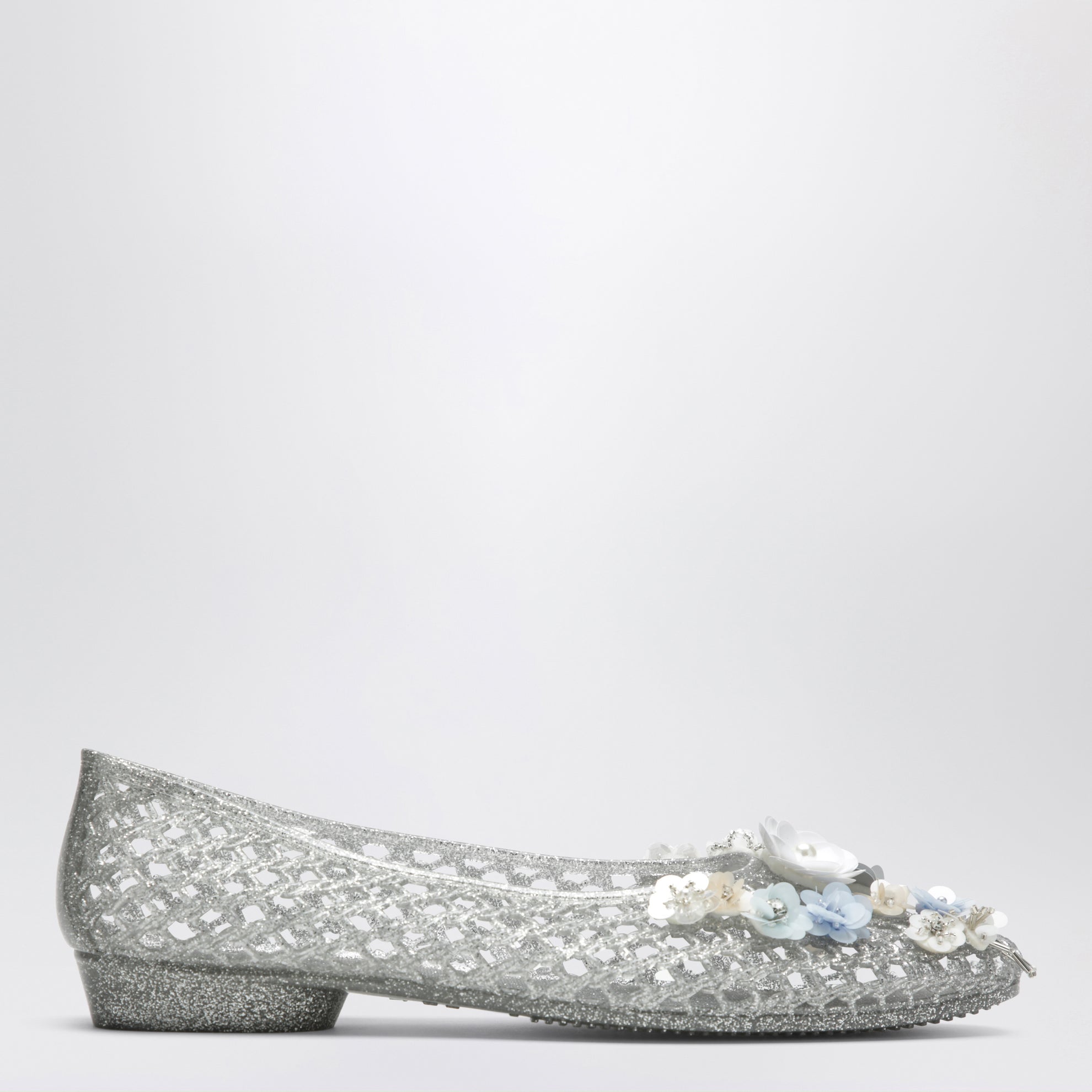 Silver Hibiscus ballet flats in PVC with beaded flowers