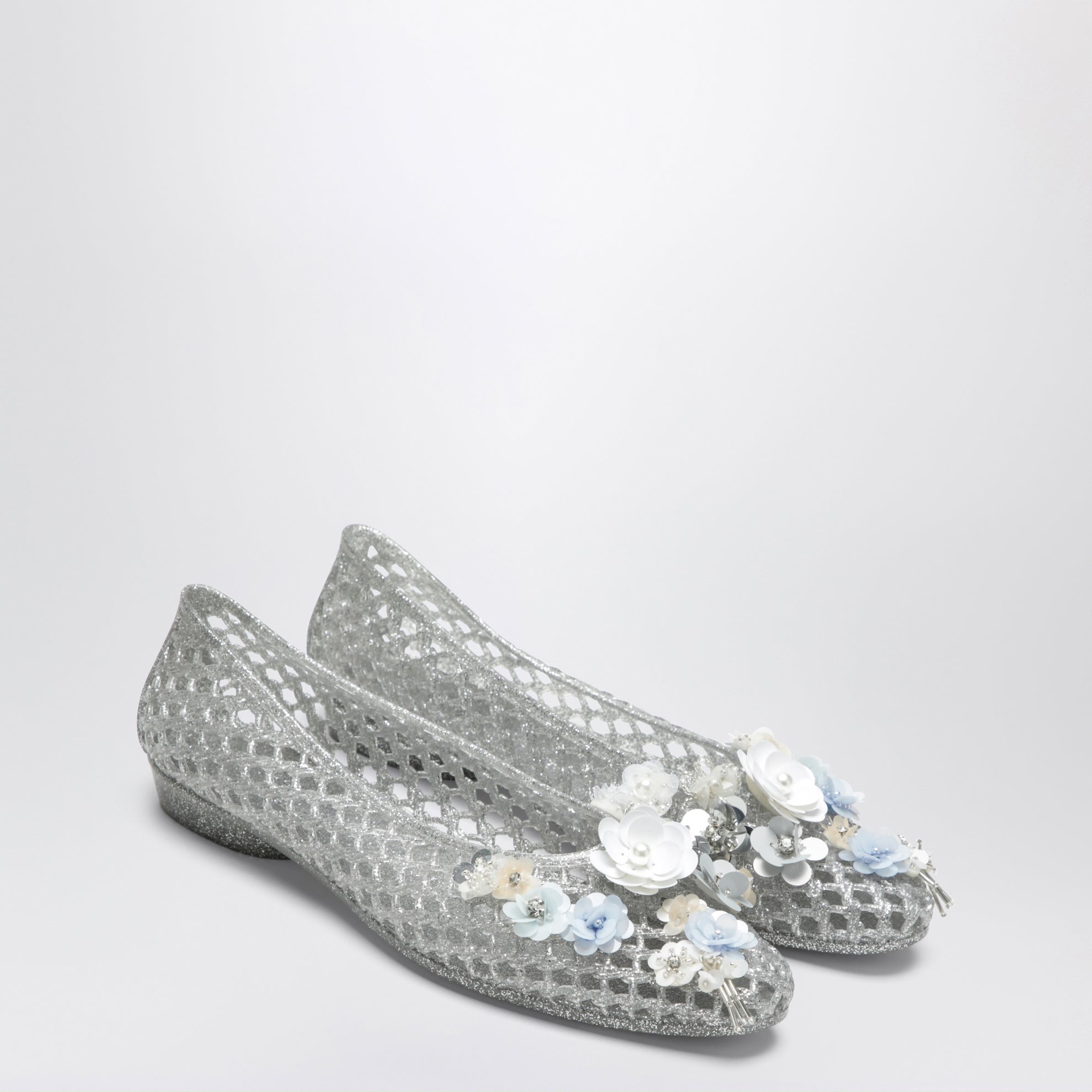 Silver Hibiscus ballet flats in PVC with beaded flowers