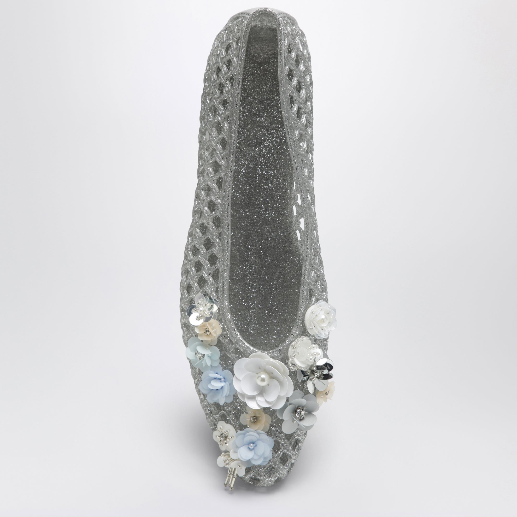 Silver Hibiscus ballet flats in PVC with beaded flowers