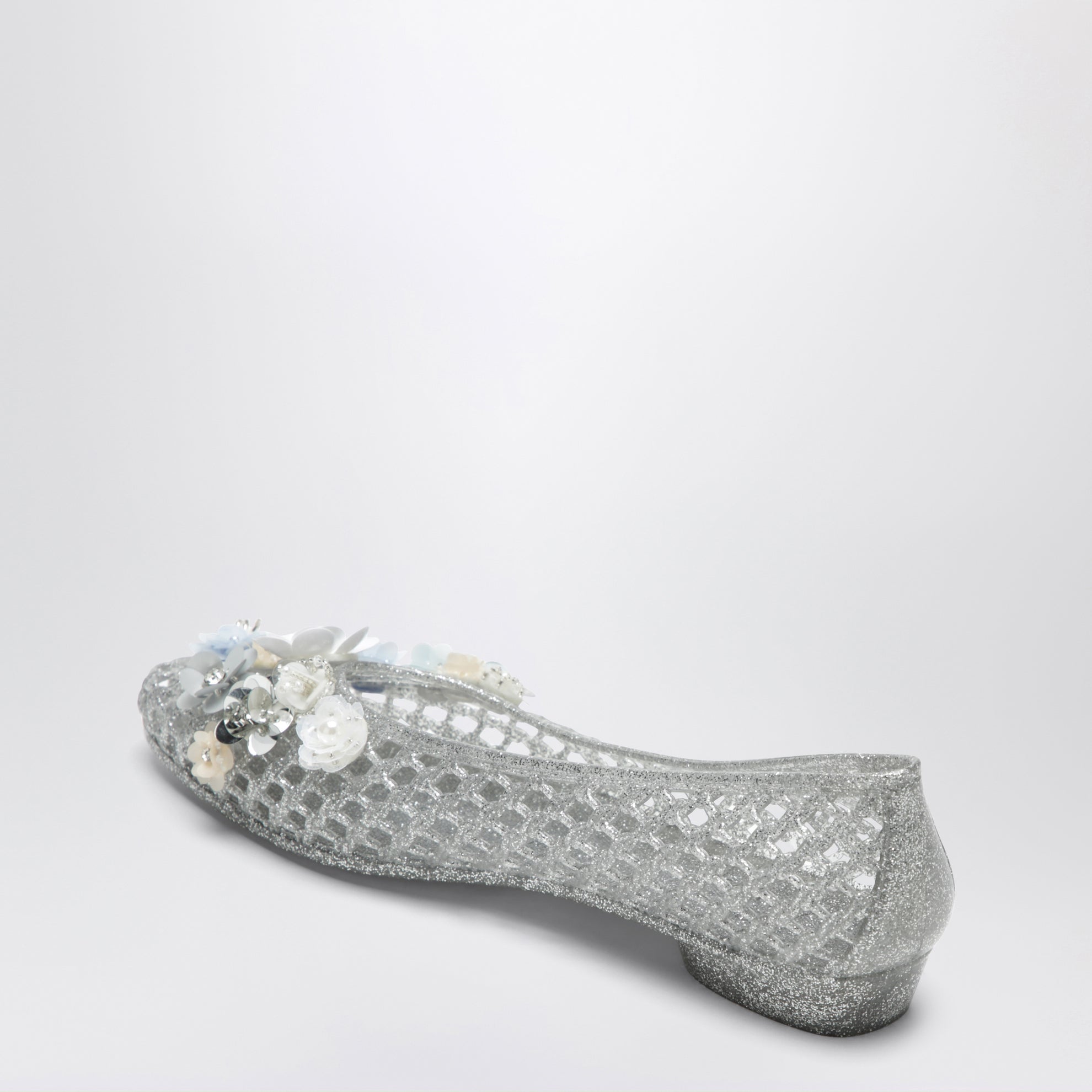 Silver Hibiscus ballet flats in PVC with beaded flowers