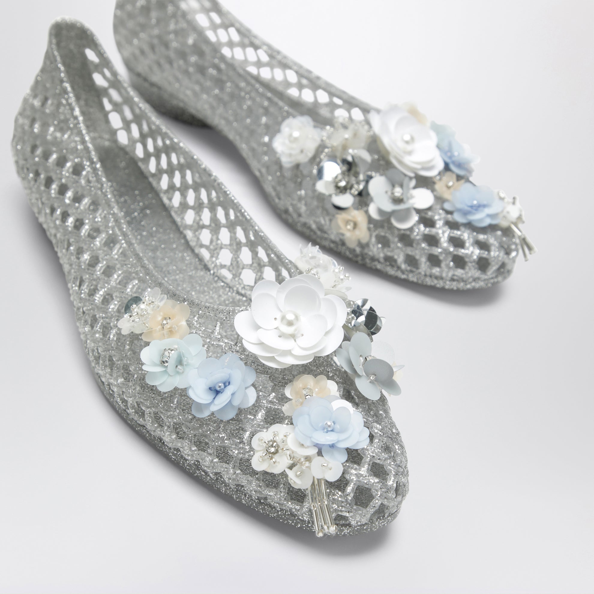 Silver Hibiscus ballet flats in PVC with beaded flowers