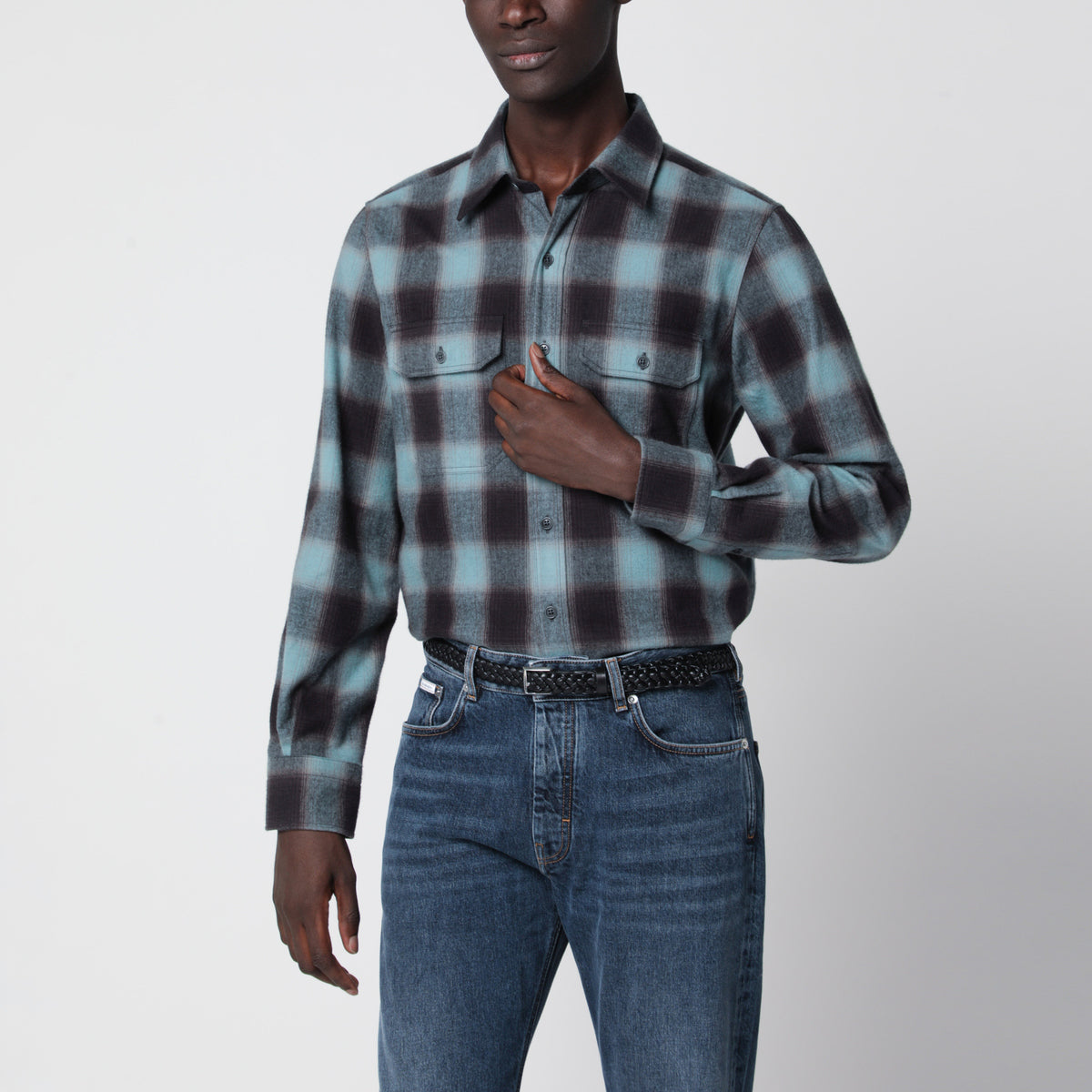 Gray and blue cotton flannel shirt